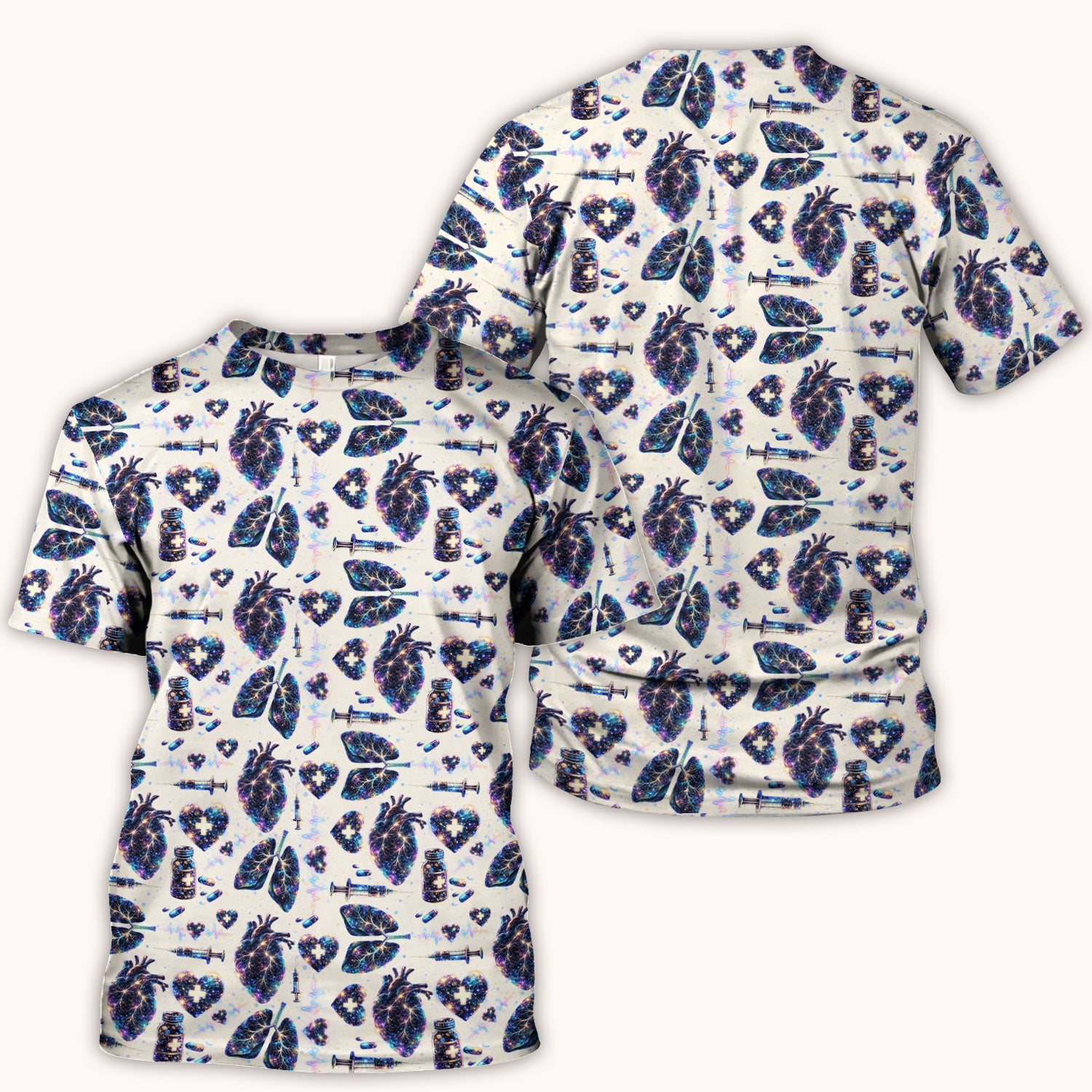 Galaxy Anatomical Heart Lung Syringe Print Scrub Top, Breathable Fabrics Nursing Uniform