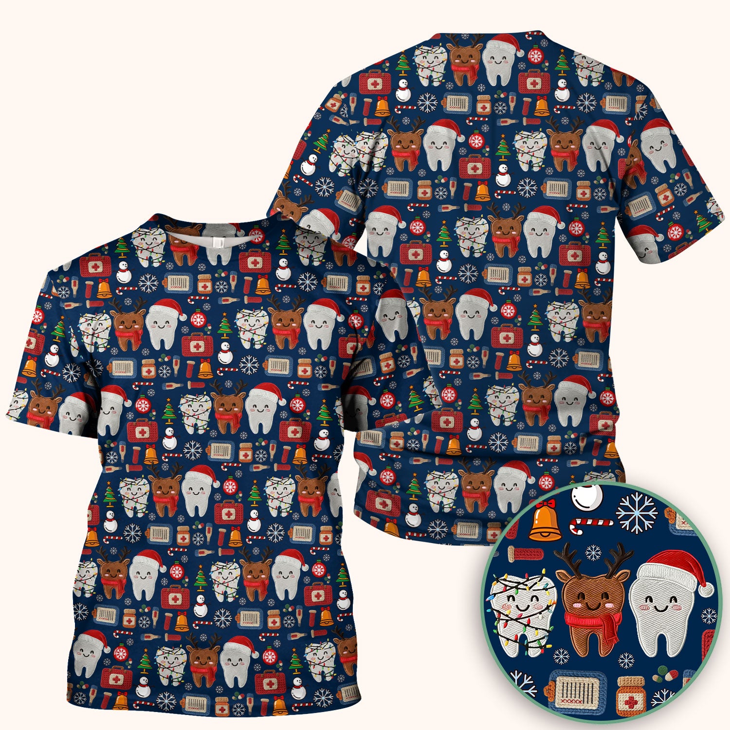 Christmas Dental Scrub Top - Cute Santa & Reindeer Tooth Shirt - Funny Holiday Medical Uniform for Dentists, Hygienists & Nurses