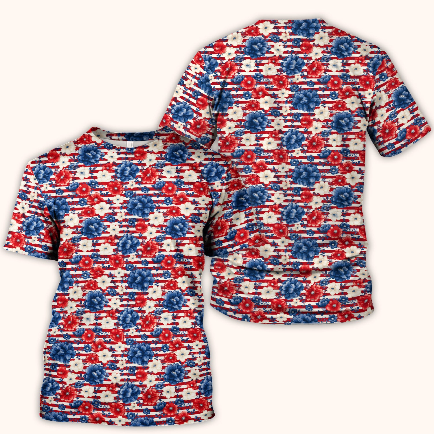 Patriotic Nurse Floral Stripe Pattern Scrub Top, Comfortable Scrubs for Nurses