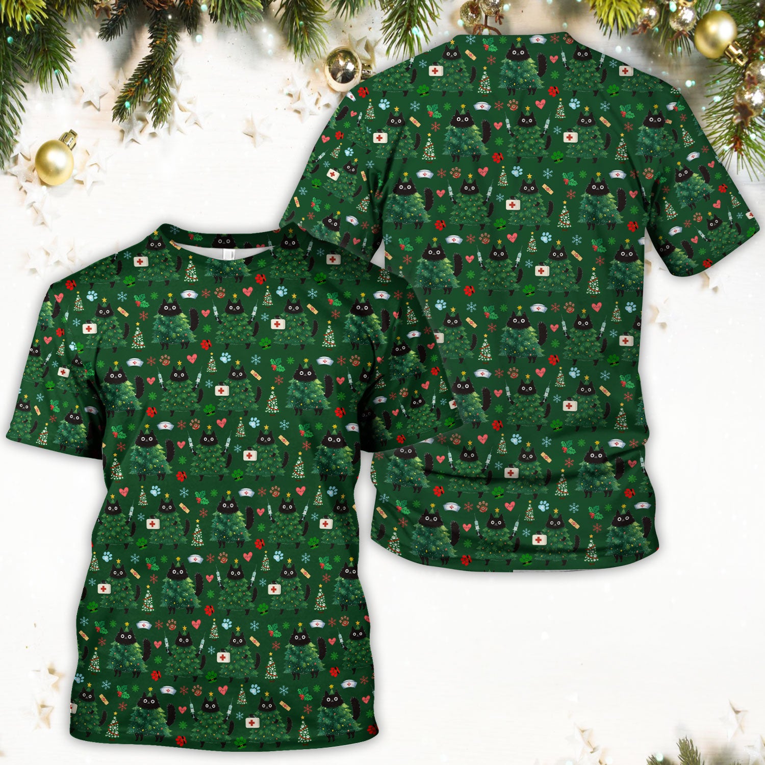 Christmas Nurse Scrub Top, Xmas Black Cat Pattern Nurse Shirt,  Breathable Fabrics Nursing Uniform