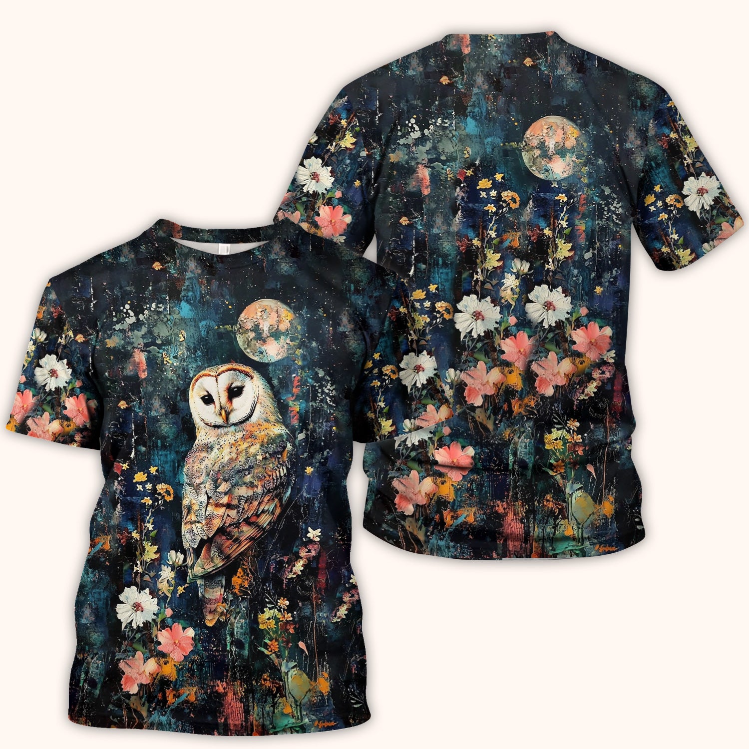 Moonlit Barn Owl Floral Pattern Scrub Top, Comfortable Scrubs for Nurses