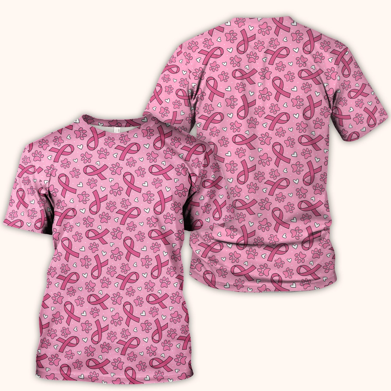 Pink Ribbon Paw Print Scrub Top, Comfortable Scrubs for Nurses