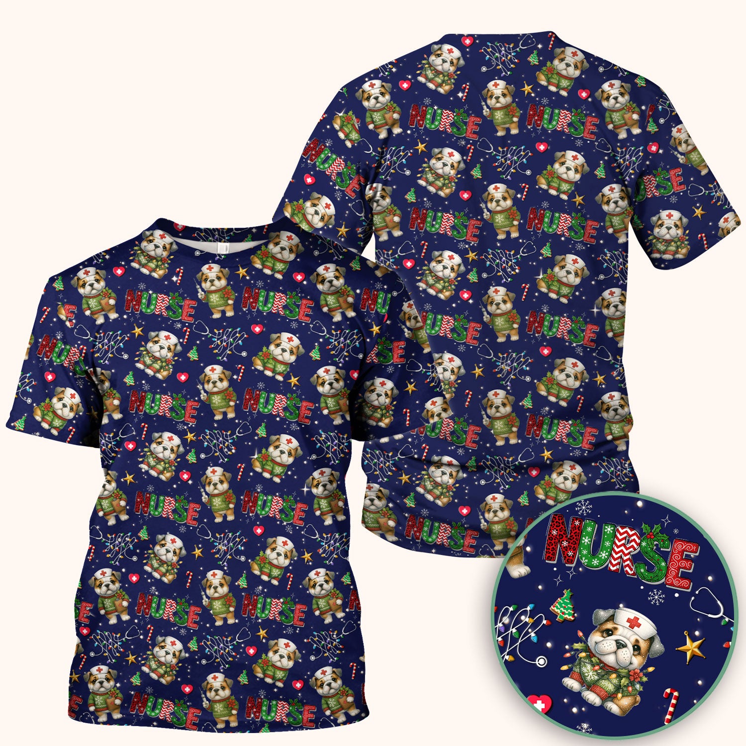 Bulldog Christmas Nurse Scrub Top - Funny Dog Scrub Shirt - Cute Holiday Medical Uniform for Women RN LPN CNA Gift
