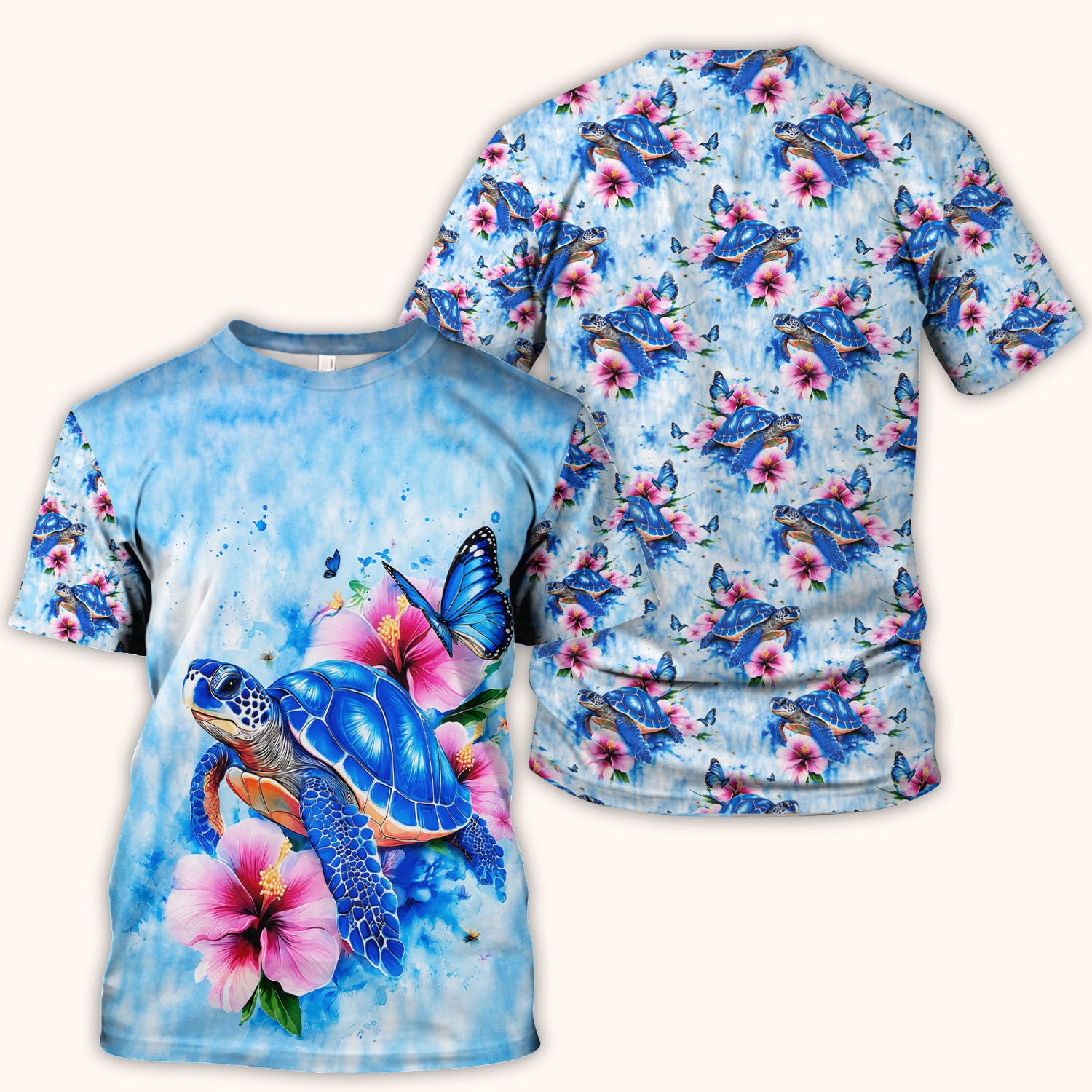 Blue Sea Turtle Hibiscus Butterfly Print Scrub Top, Comfortable Scrubs for Nurses