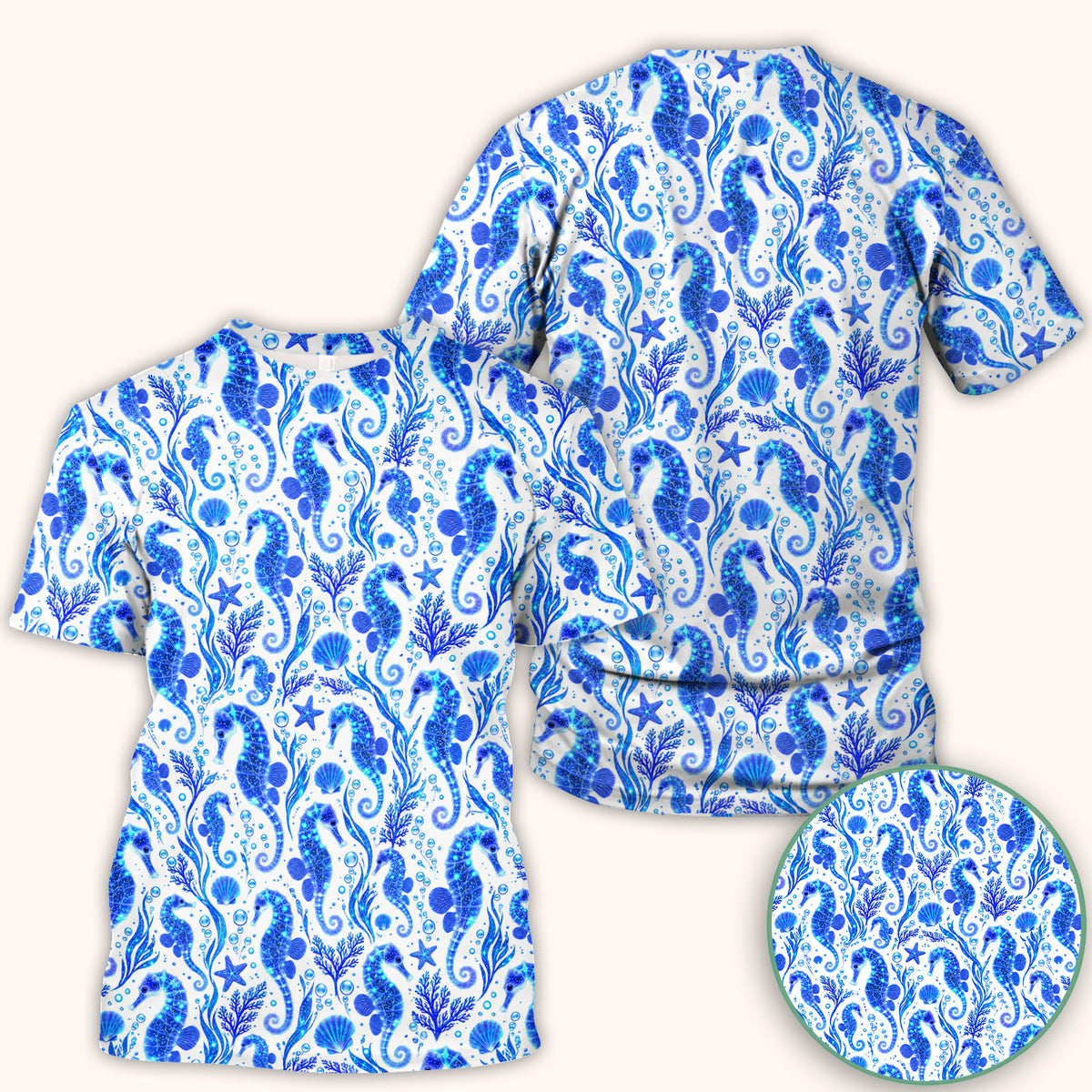 Blue Ocean Seahorse Pattern Scrub Top, Comfortable Scrubs for Nurses