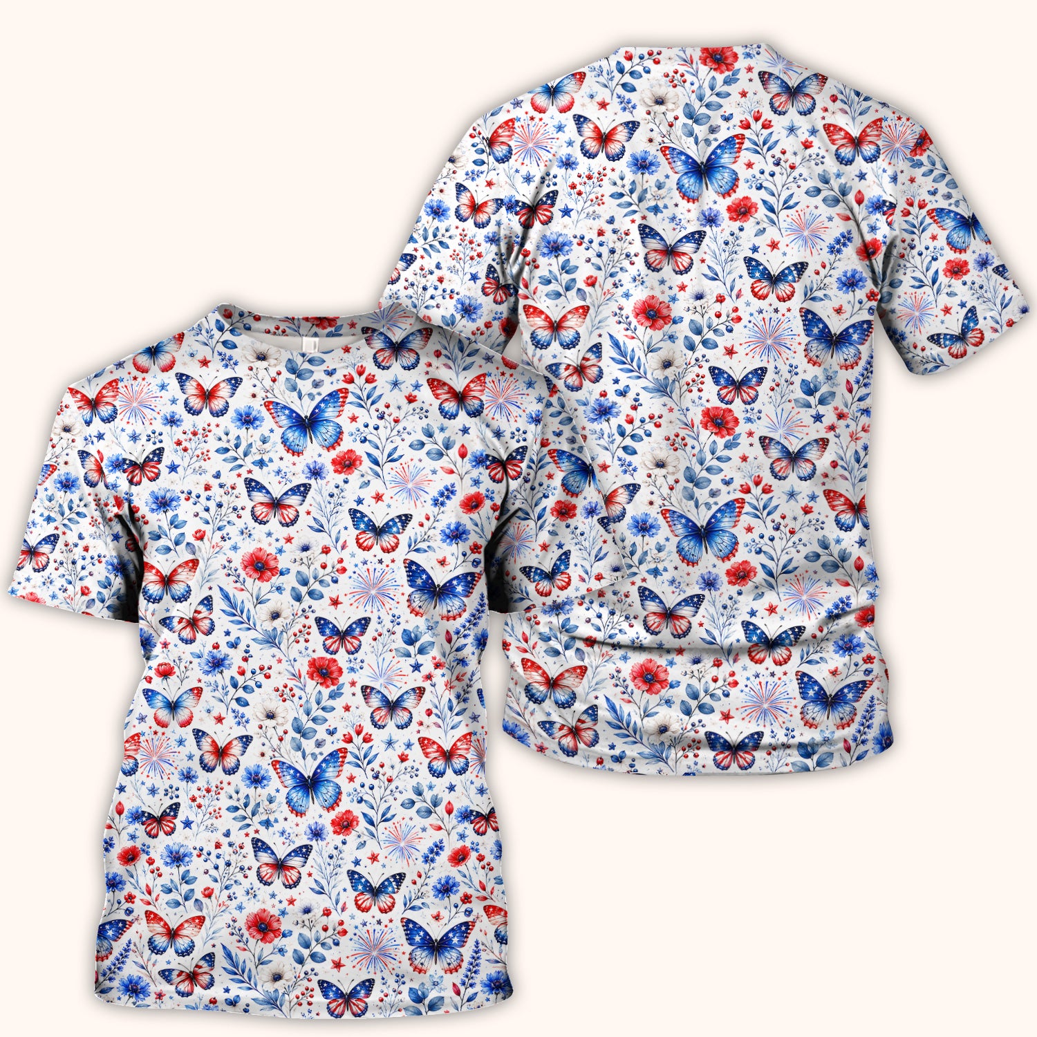 Patriotic Butterfly Fireworks Floral Pattern Scrub Top, Comfortable Scrubs for Nurses