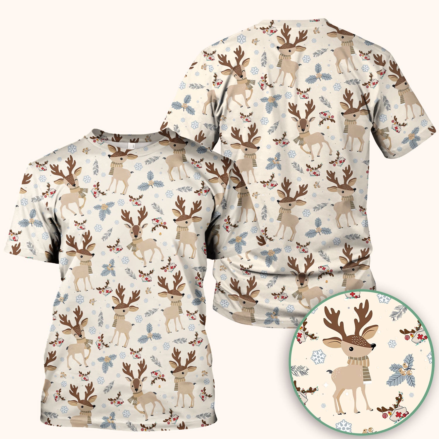 Reindeer Christmas Scrub Top - Cozy Beige Holiday Nurse Shirt with Cute Deer Pattern - Festive Medical Scrubs for Women RN CNA LPN