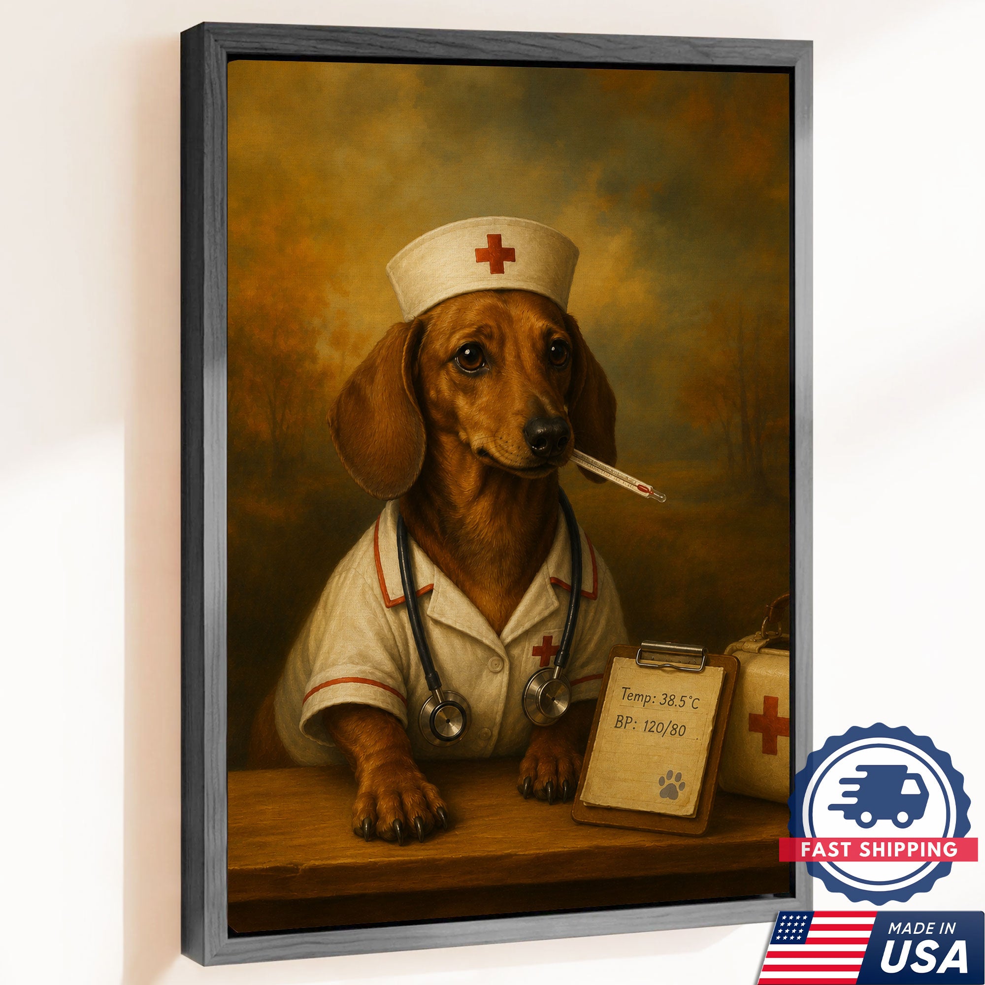 Vintage Nurse Dachshund Portrait Canvas Wall Art, Heartfelt Medical Dog Artwork