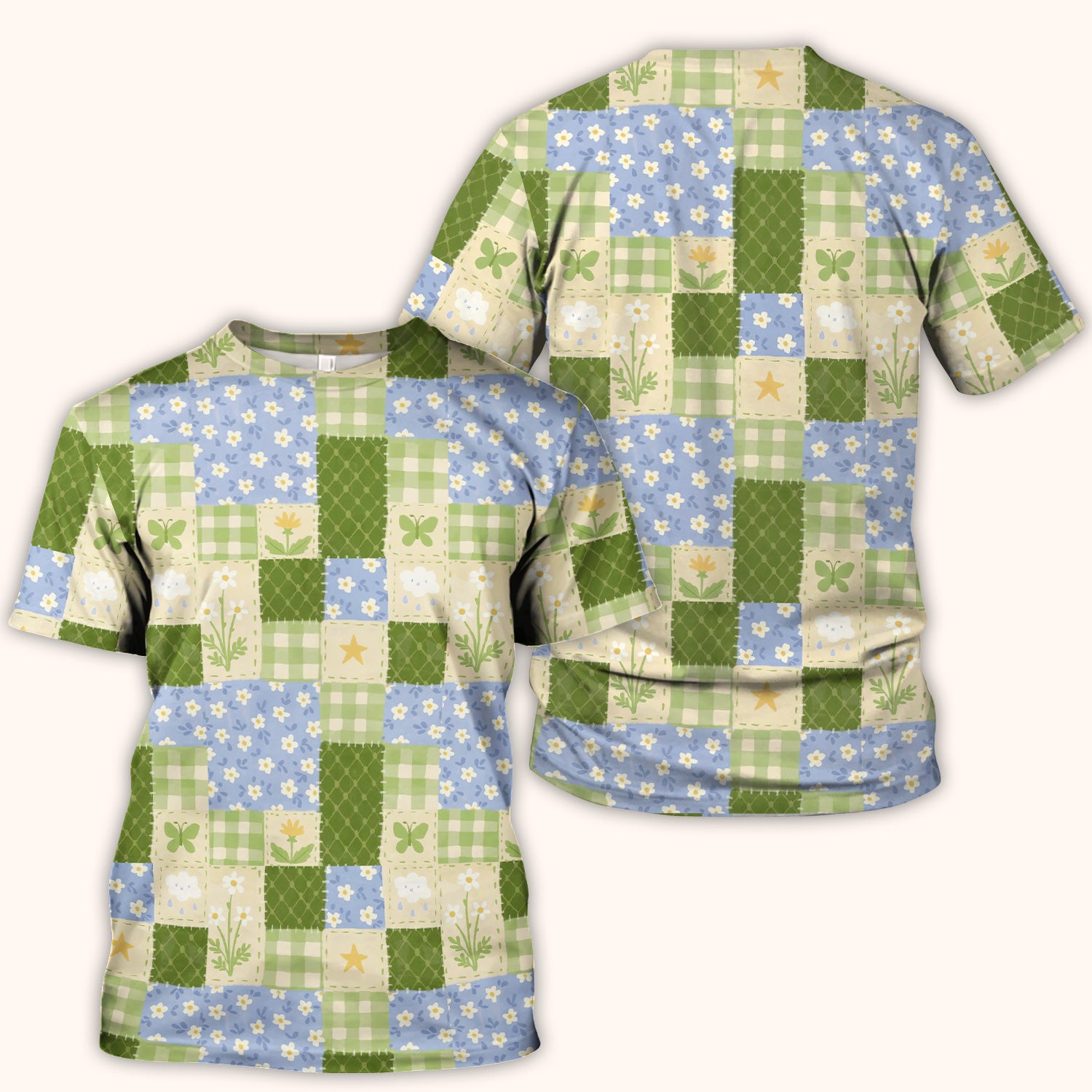 Green Patchwork Clover Floral Pattern Scrub Top, Comfortable Scrubs For Nurses