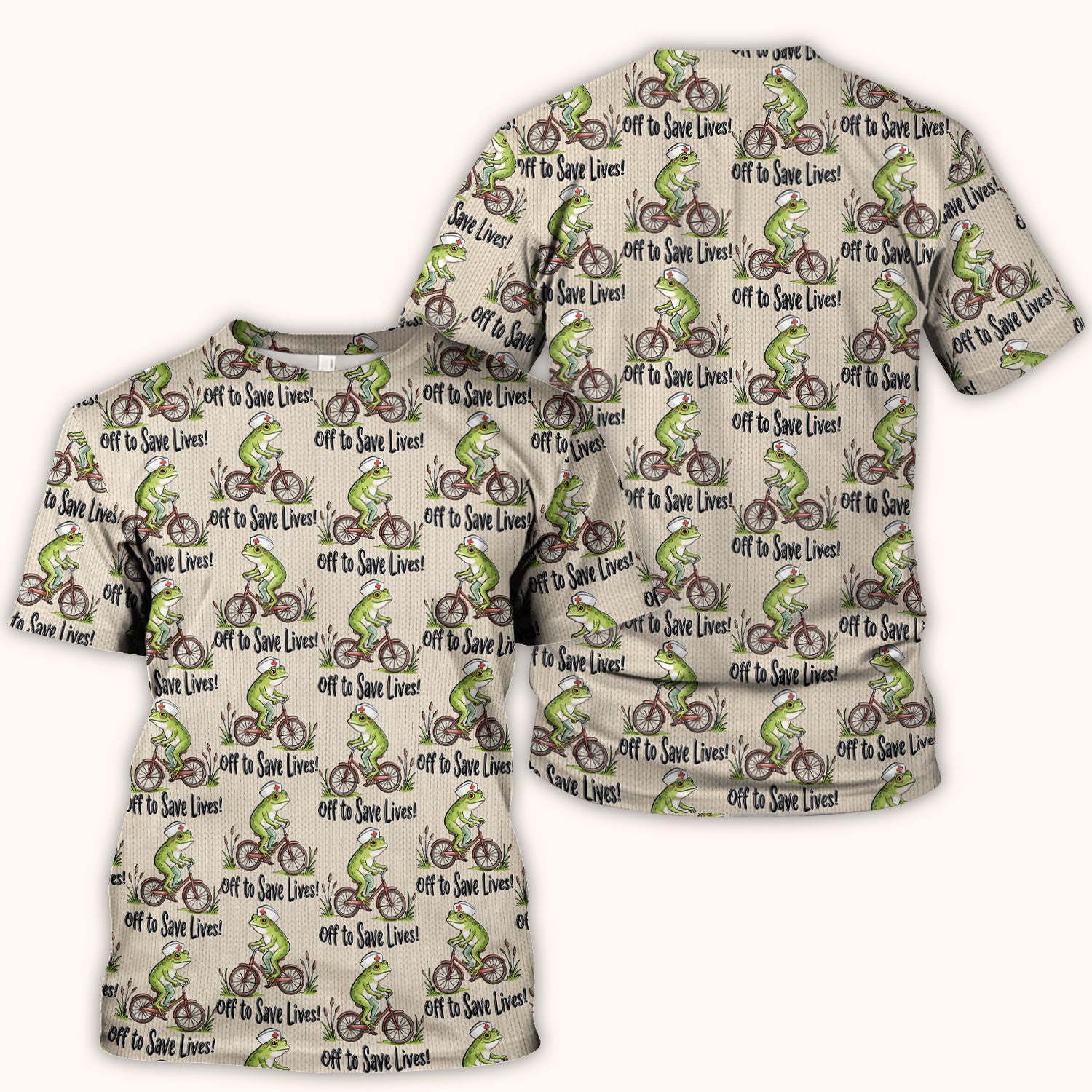 Nurse Frog Riding Bicycle Pattern Scrub Top, Breathable Fabrics Nursing Uniform Scrub Top, Comfortable Scrubs for Nurses
