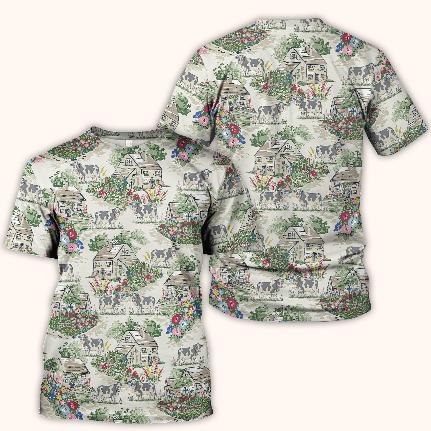 Charming Countryside Cows Cottage Garden Pattern Scrub Top, Comfortable Scrubs for Nurses