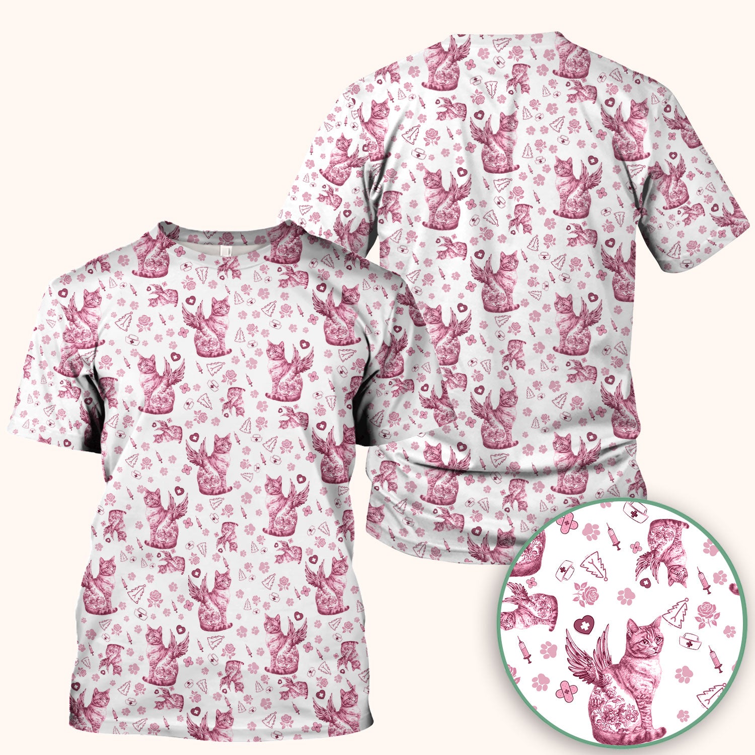 Toile de Jouy Cat Angel Scrub Top - Blue Vintage Nurse Shirt - French Style Medical Uniform for Women RN LPN CNA Gift