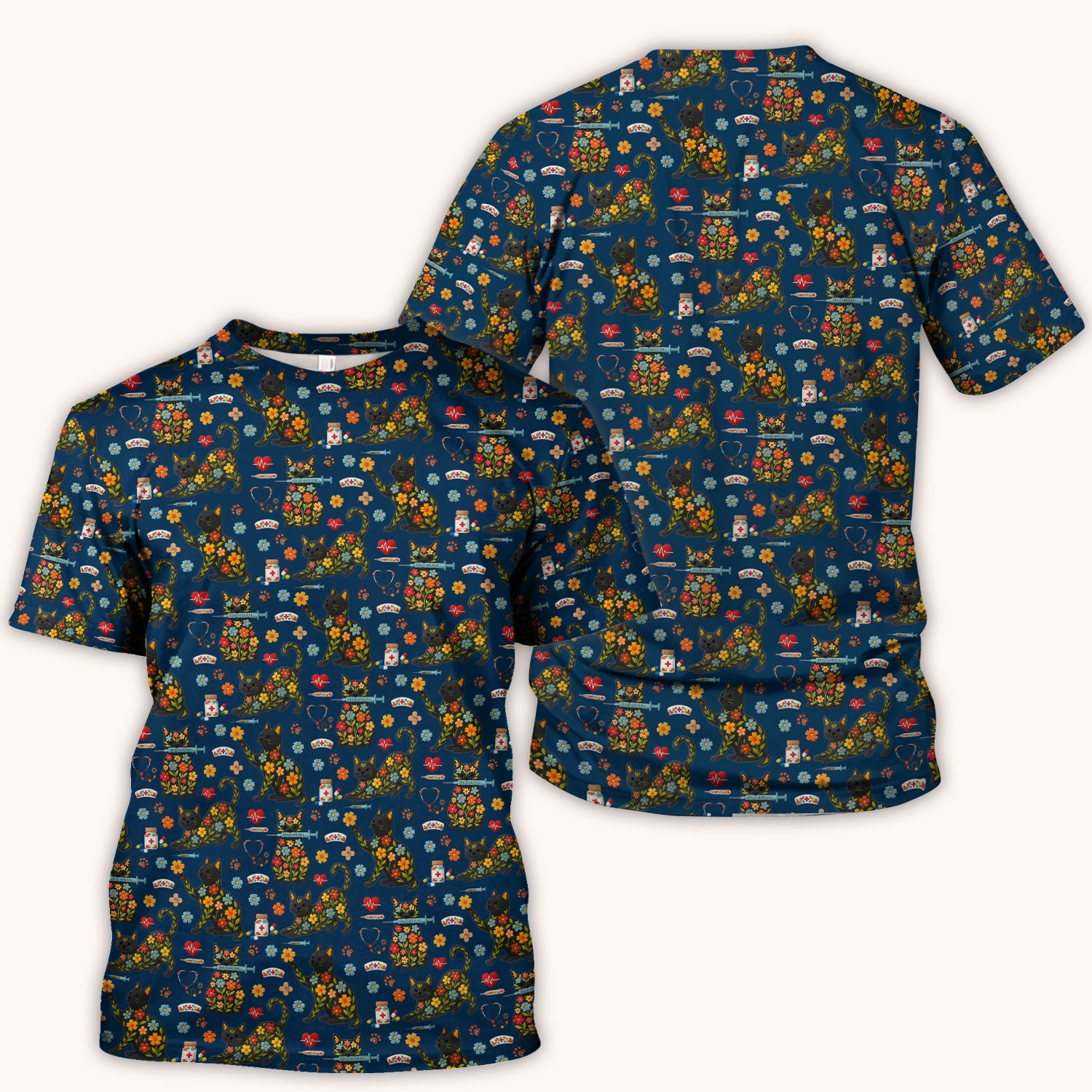 Floral Black Cat Pattern Scrub Top, Cute Cat Nurse Scrub Shirt, Medical Nursing Uniform