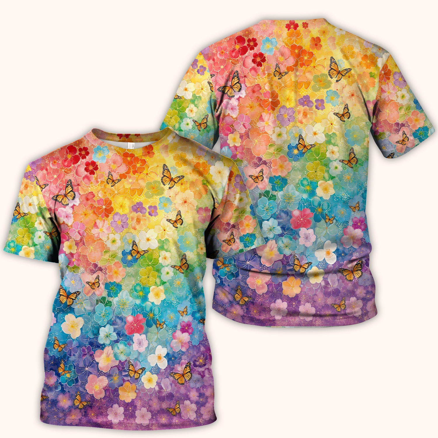 Rainbow Butterfly Floral Blossom Pattern Scrub Top, Comfortable Scrubs for Nurses