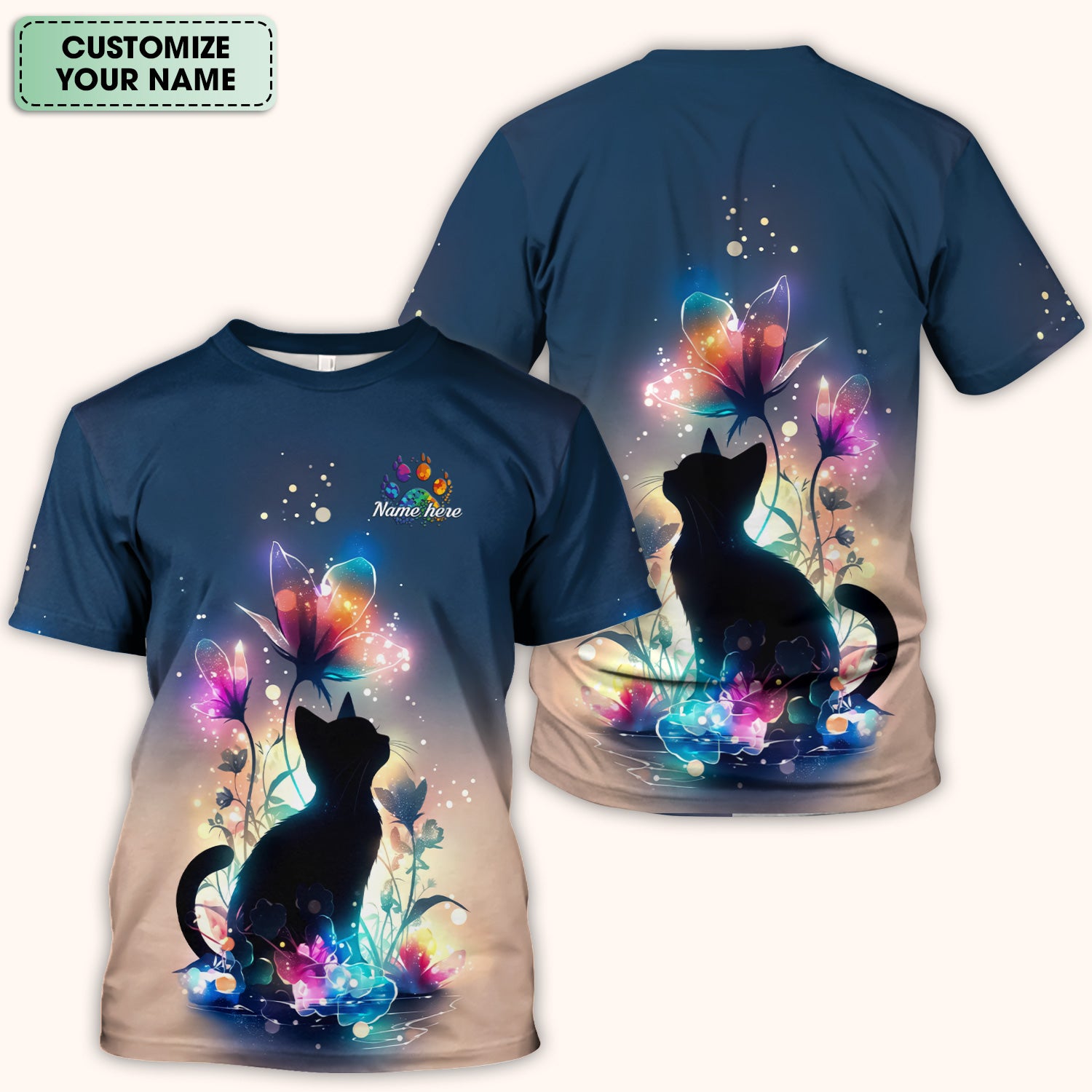 Custom Name Cat Floral Glow Pattern Scrub Top, Breathable Fabrics Nursing Uniform
