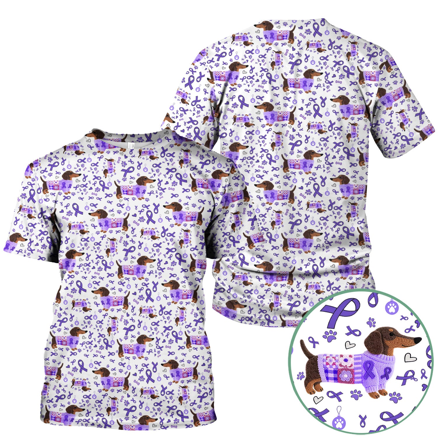 Purple Ribbon Dachshund Scrub Top for Nurses - Cute Awareness Dog Paw Prints - Support Lupus Cancer Med Uniform Gift for Women