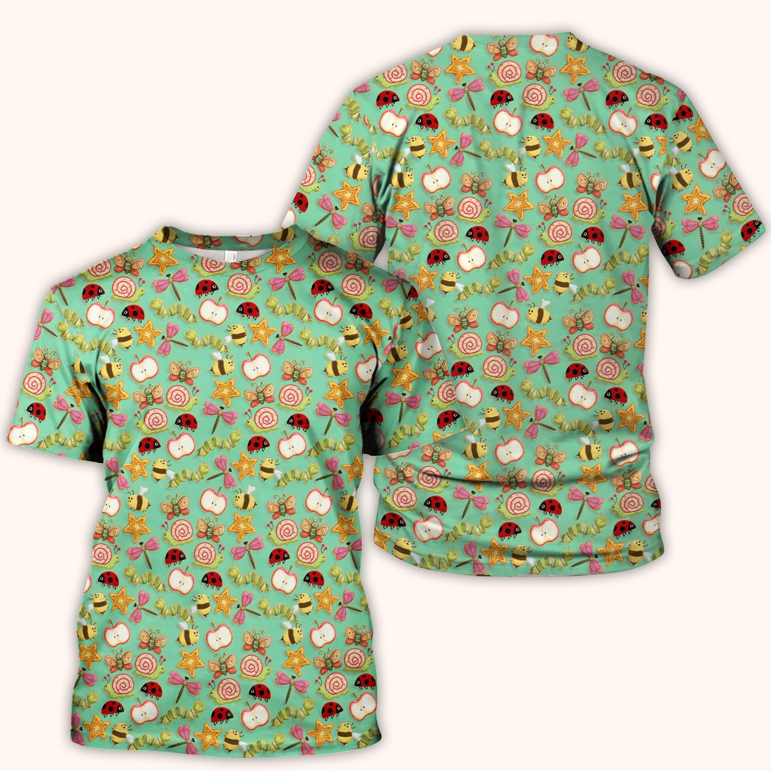 Cute Nurse Snail Ladybug Caterpillar Apple Garden Pattern Scrub Top, Breathable Fabrics Nursing Uniform