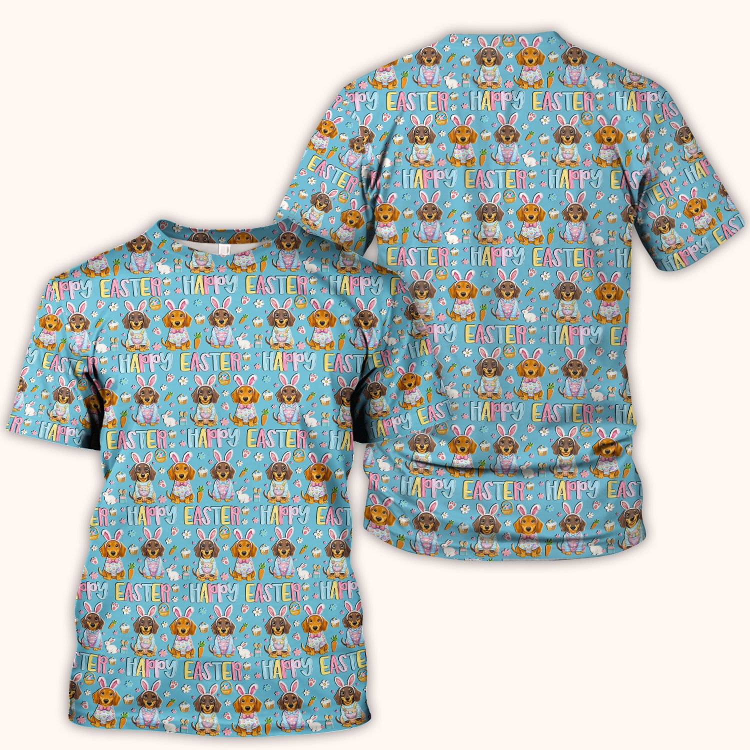 Happy Easter Dachshund Bunny Print Scrub Top, Comfortable Scrubs for Nurses