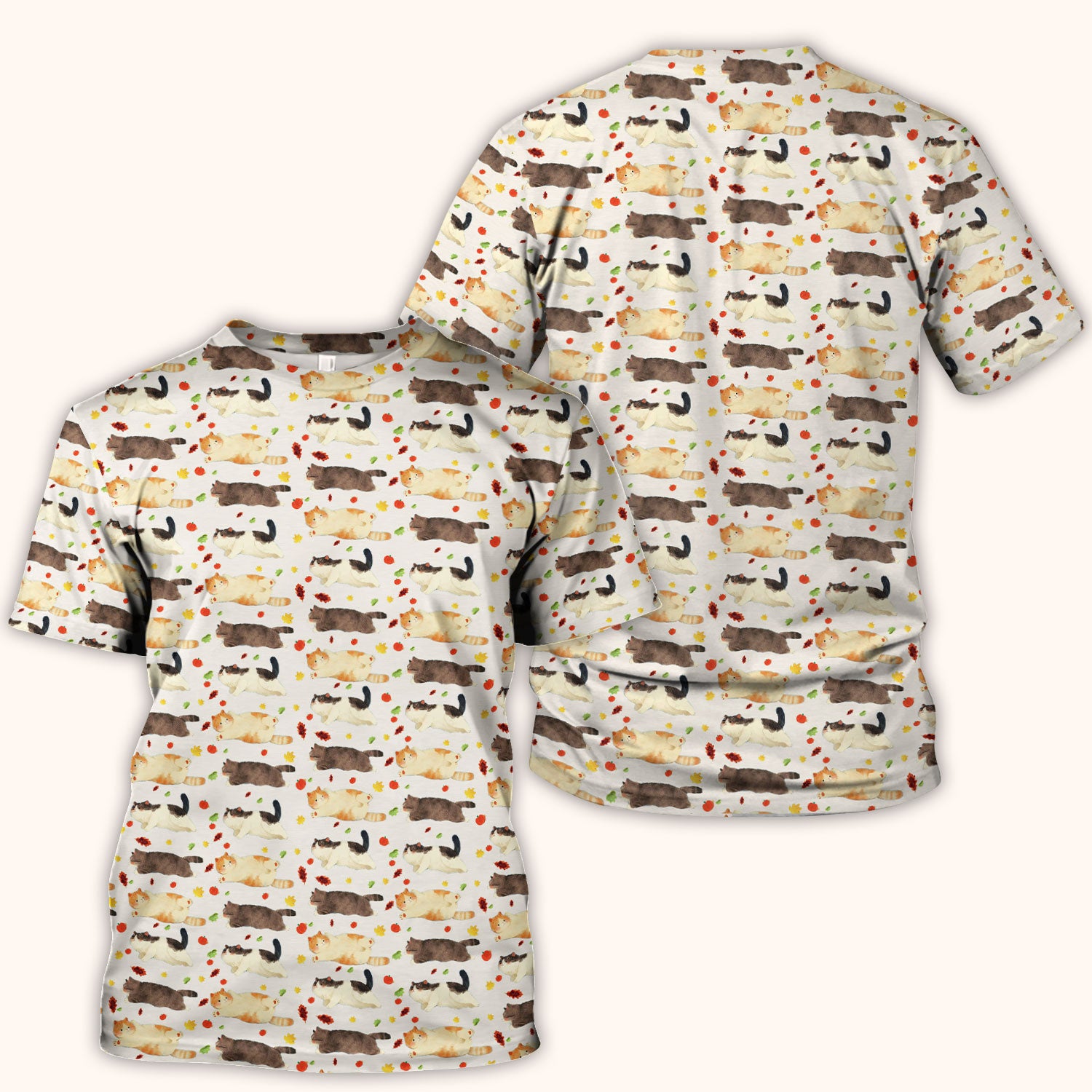 Chubby Cat Autumn Leaves Print Scrub Top, Breathable Fabrics Nursing Uniform