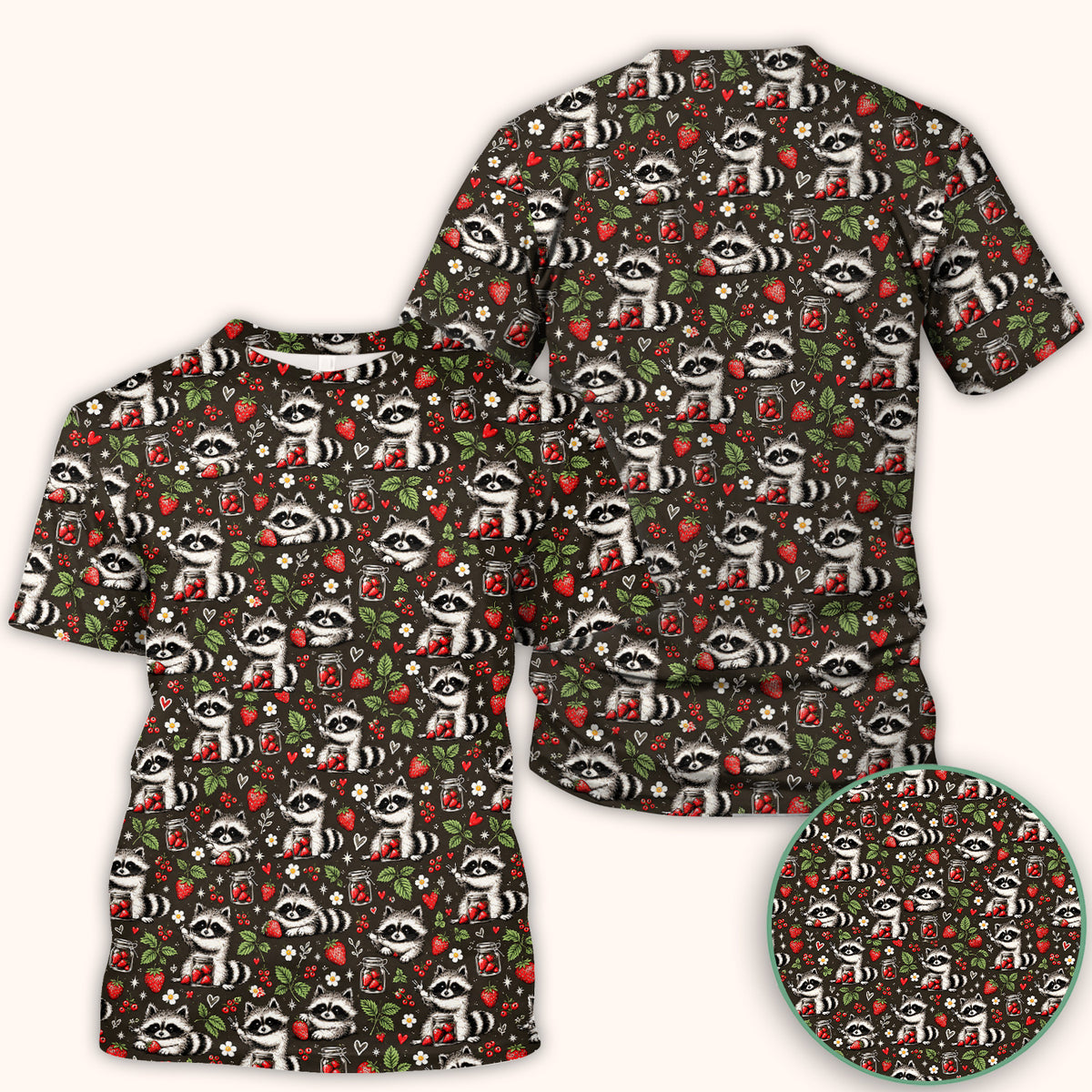 Cute Raccoons And Strawberries Pattern Scrub Top, Comfortable Scrubs for Nurses