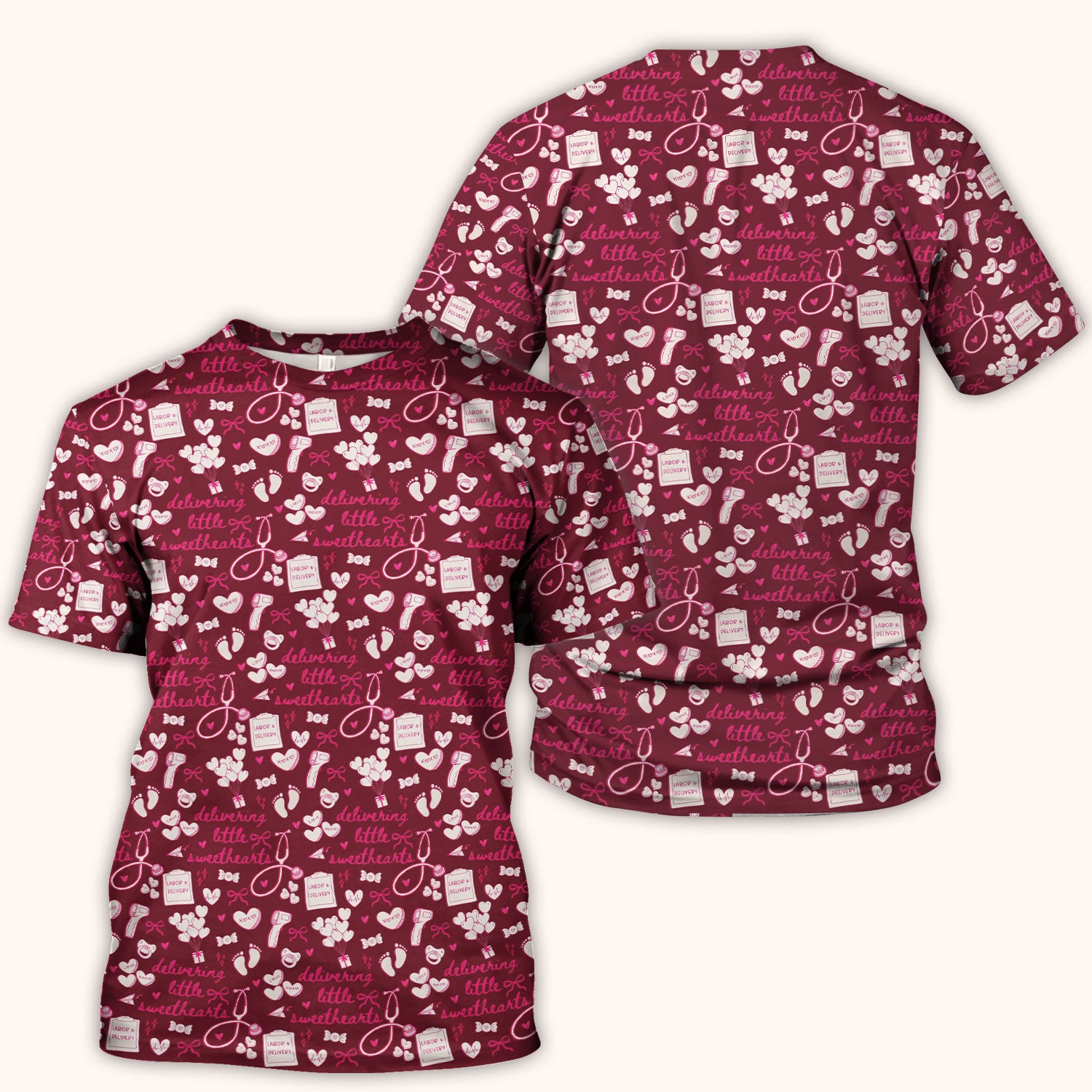 Valentine Labor And Delivery Scrub Top, XOXO Pattern Scrub Shirt, Breathable Fabrics Nursing Uniform For Women