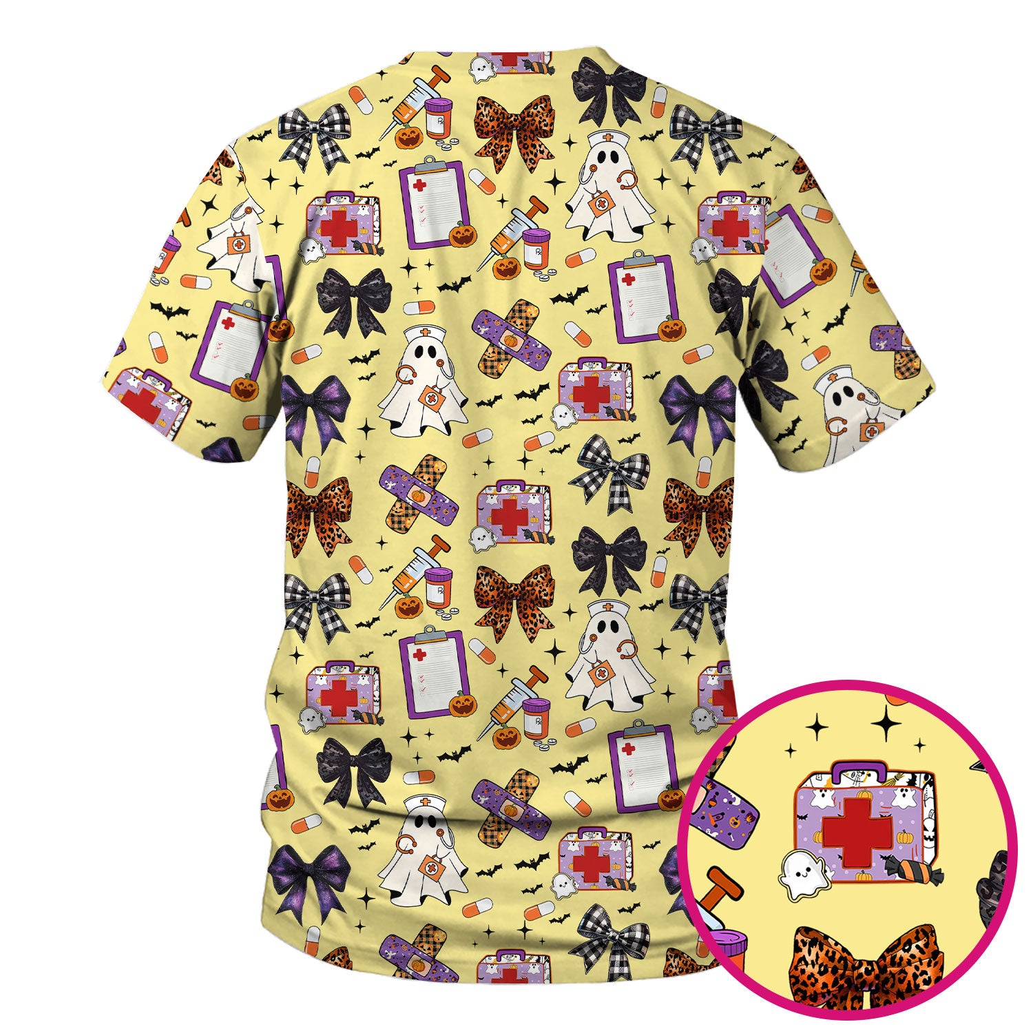 Halloween Nurse Scrub Top - Cute Ghost & Bow Medical Scrubs - Yellow Nursing Shirt with Colorful Halloween Print