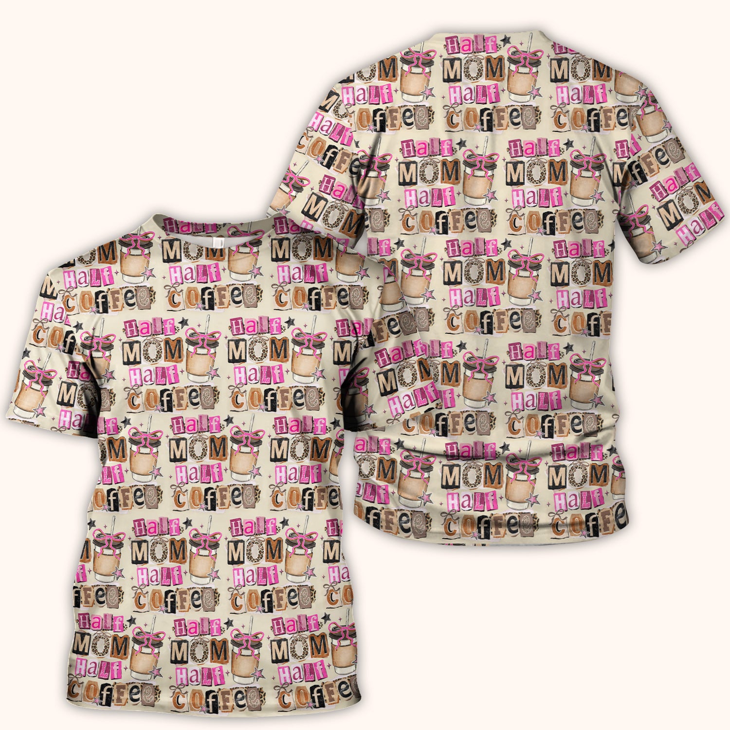Half Mom Half Coffee Print Scrub Top, Caffeine Lover Nursing Uniform for Women