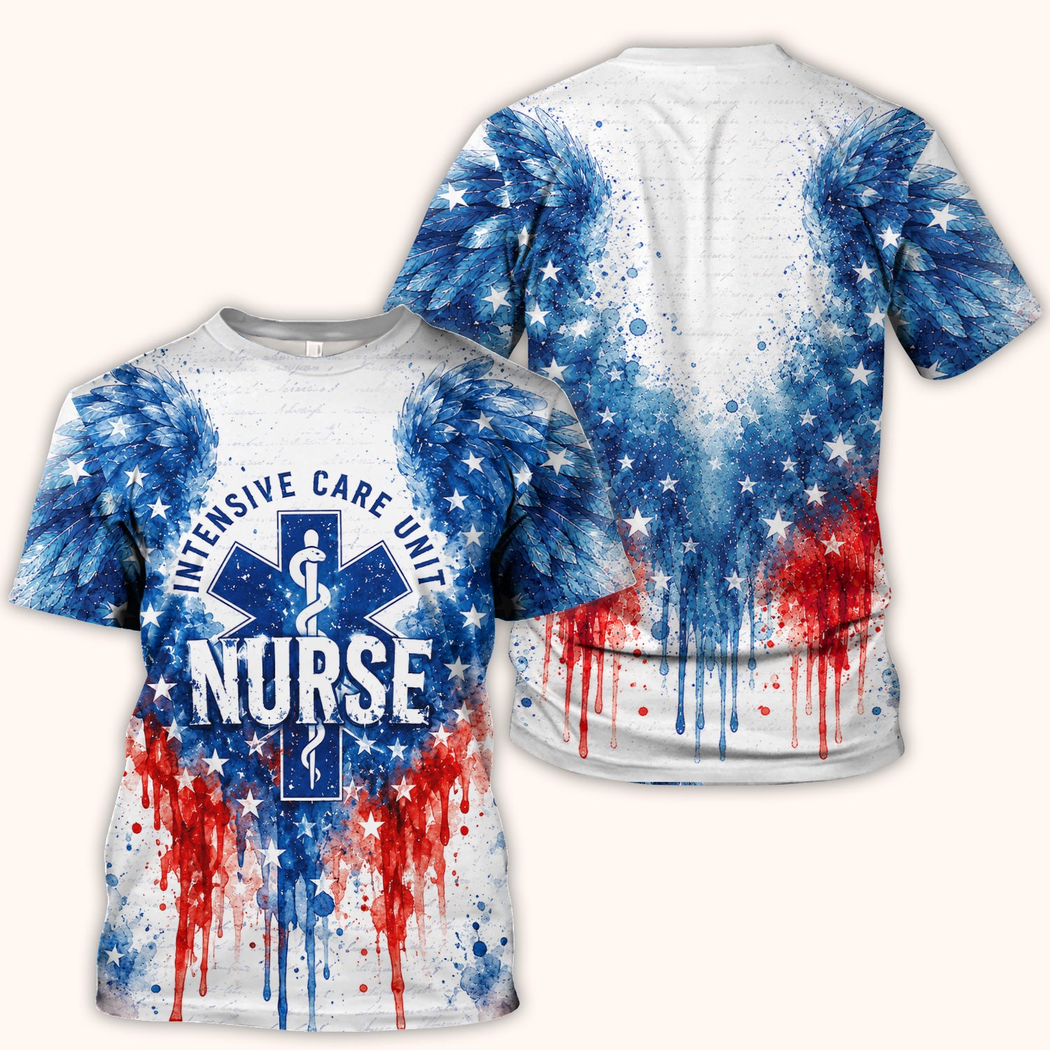 Patriotic Nurse Angel Wings Print Scrub Top, Comfortable Scrubs for Nurses