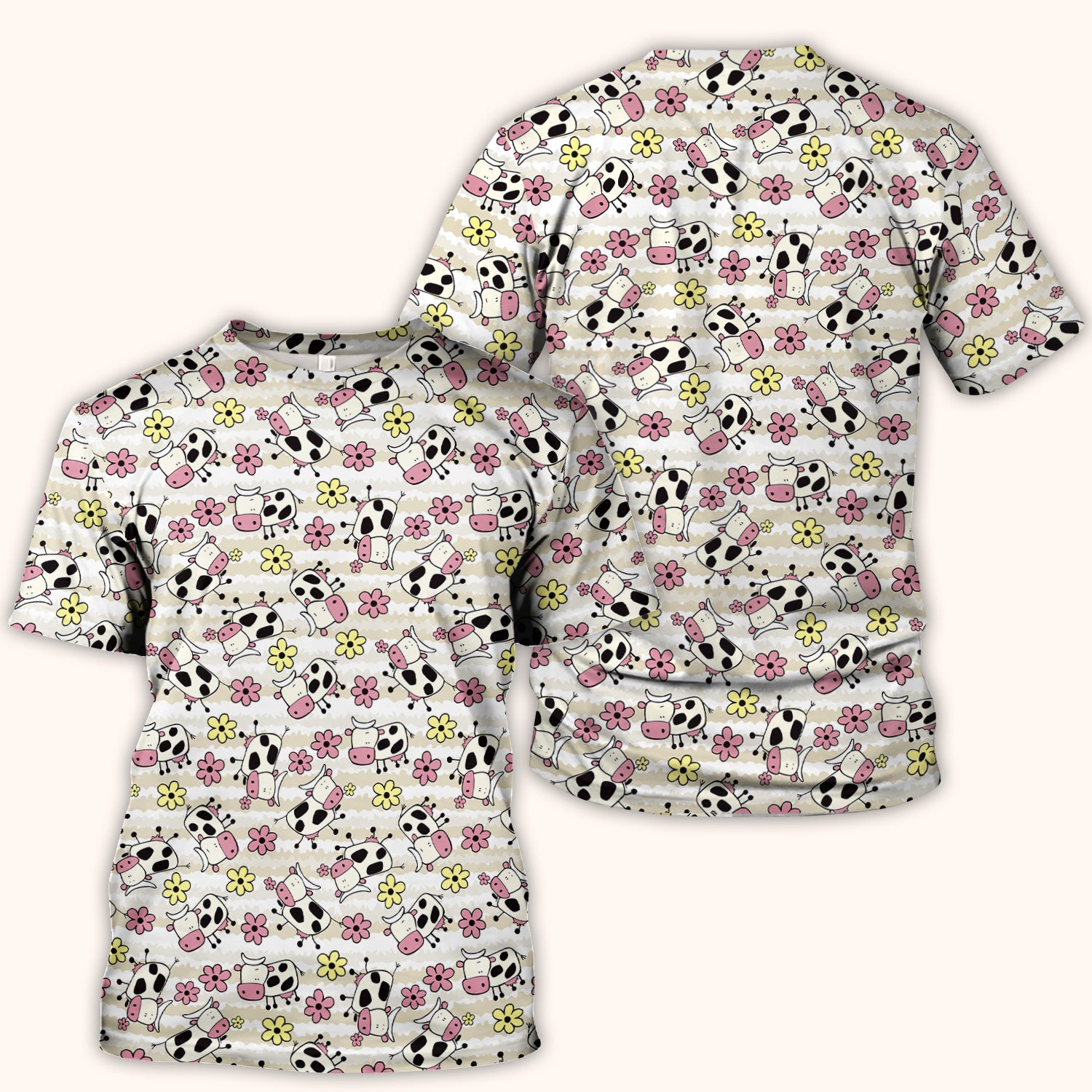 Cute Cartoon Cow Flower Meadow Pattern Nurse Scrub Top, Comfortable Scrubs for Nurses