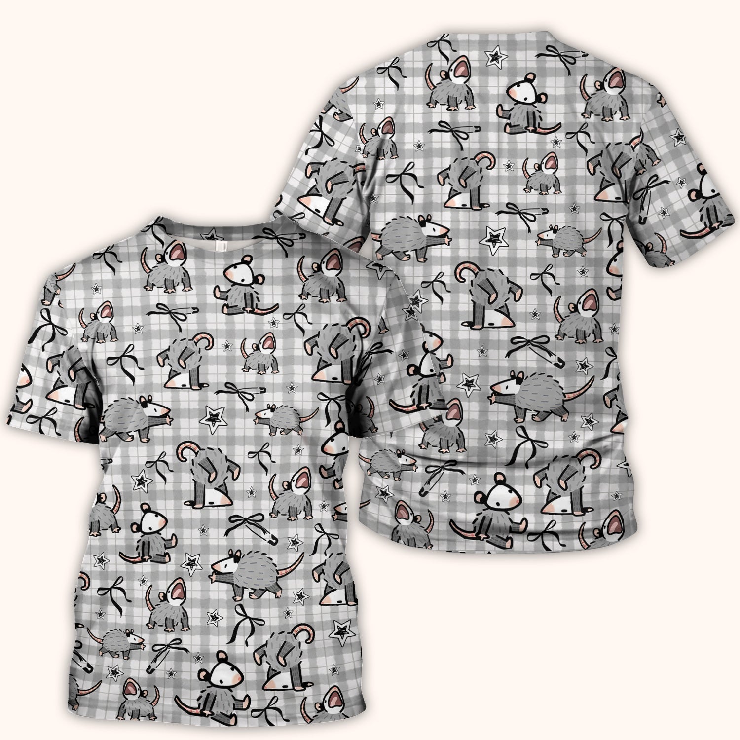 Funny Mouse Cartoon Pattern Print Scrub Top, Breathable Fabrics Nursing Uniform, Opossum