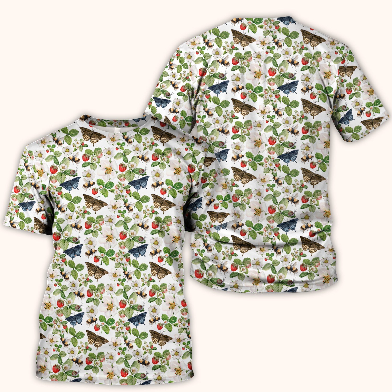 Charming Strawberry Butterfly Garden Pattern Scrub Top, Comfortable Scrubs for Nurses