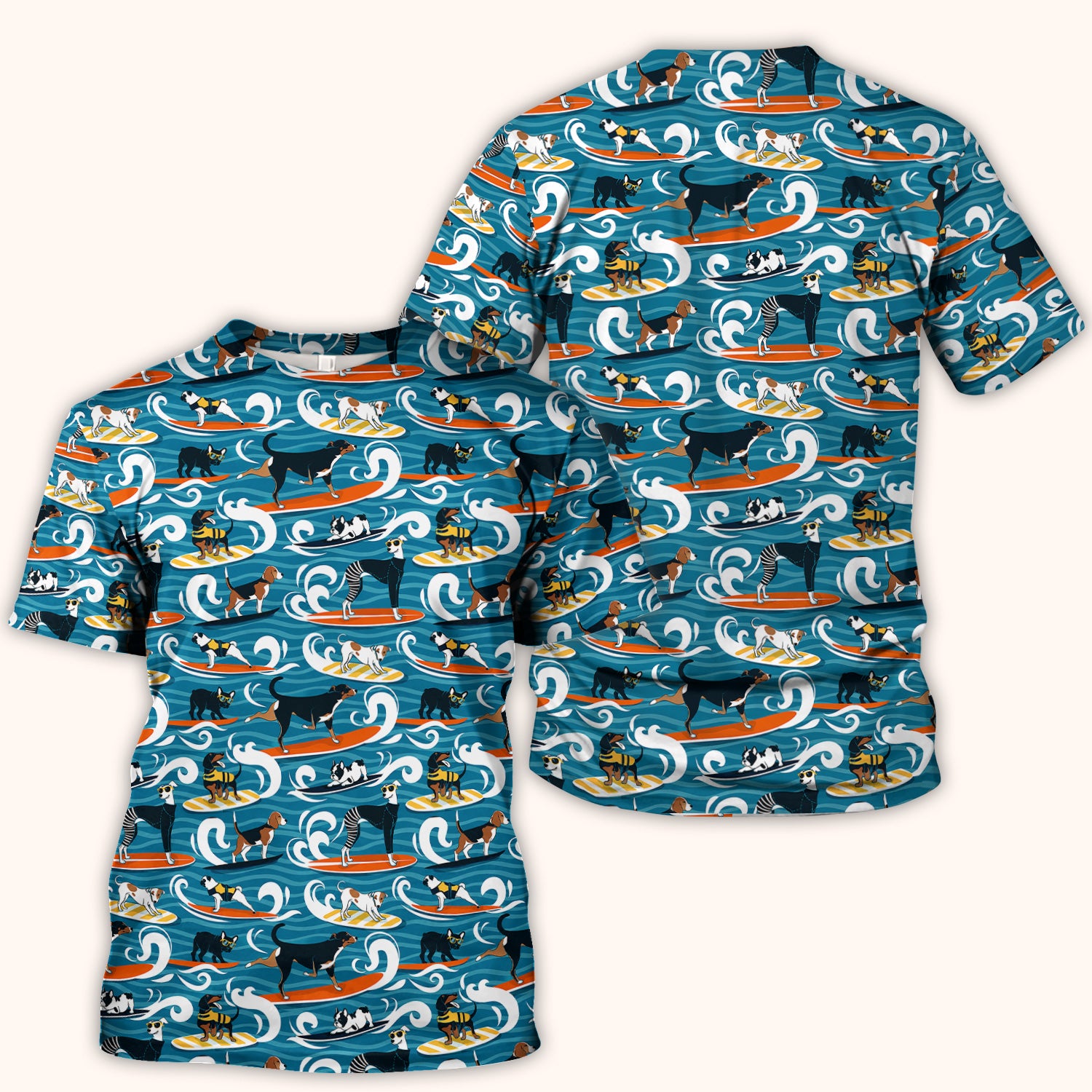 Surfing Dogs Ocean Wave Print Scrub Top, Comfortable Scrubs for Nurses