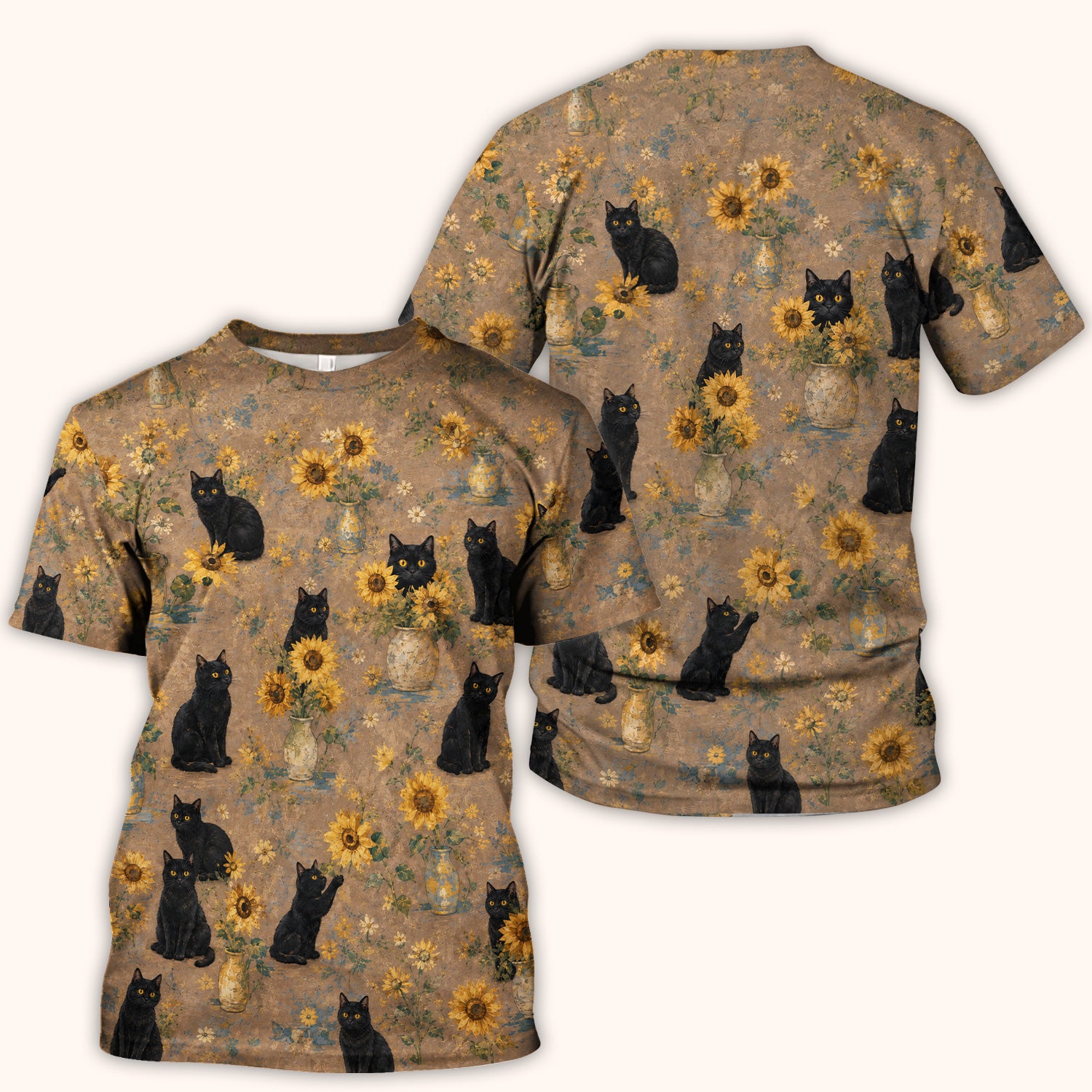 Rustic Sunflower Black Cat Print Scrub Top, Comfortable Scrubs for Nurses