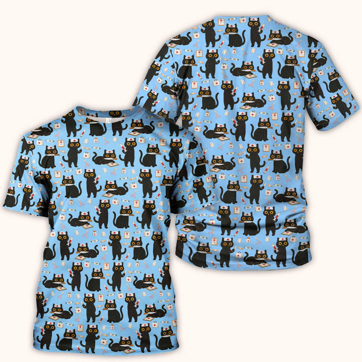 Cute Black Cat Nurse Pattern Scrub Top, Comfortable Scrubs for Nurses