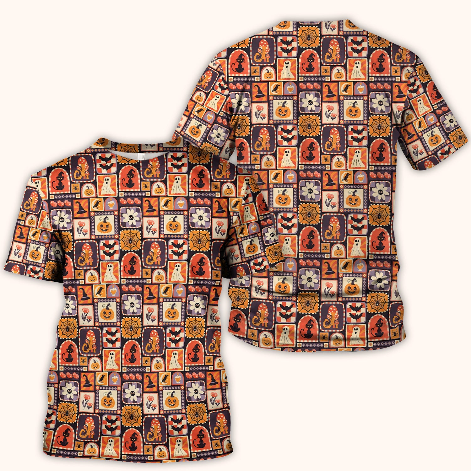Retro Halloween Patchwork Icons Scrub Top, Comfortable Scrubs for Nurses