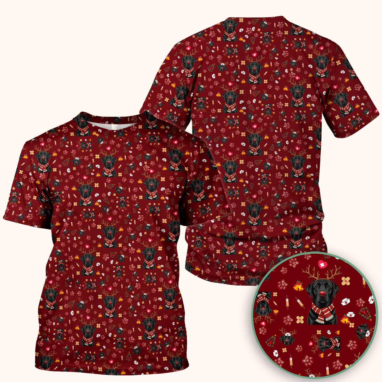 Funny Black Lab Reindeer Scrub Top - Christmas Dog Nurse Shirt - Cute Holiday Medical Uniform Gift for RN LPN CNA