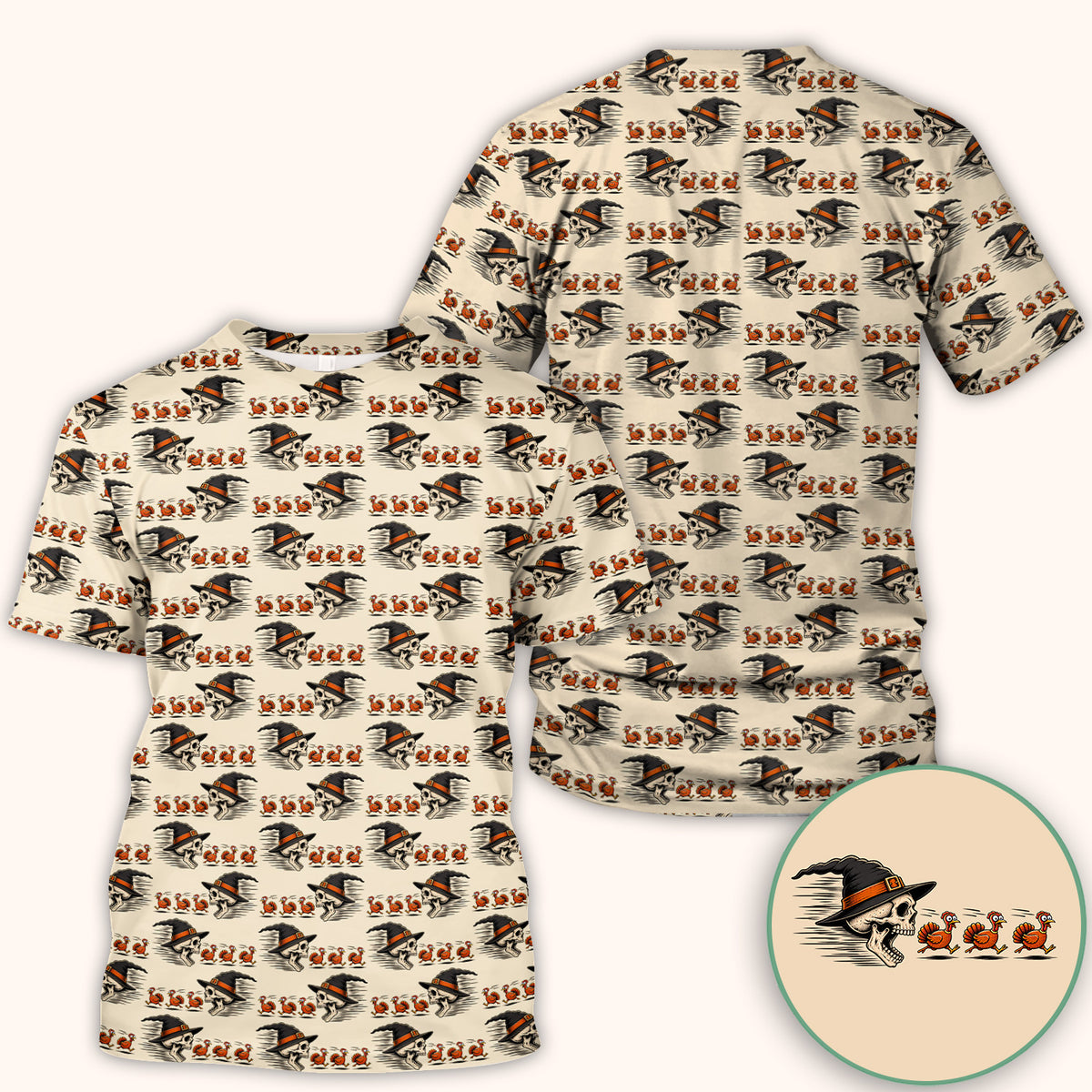 Funny Thanksgiving Skull Chasing Turkeys Pattern Scrub Top, Comfortable Scrubs for Nurses