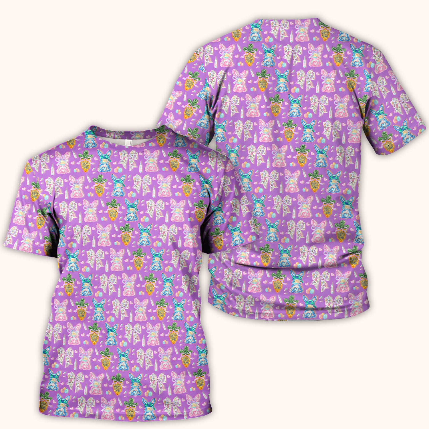 Easter Bunny Carrot Bow Floral Print Scrub Top, Comfortable Scrubs for Nurses