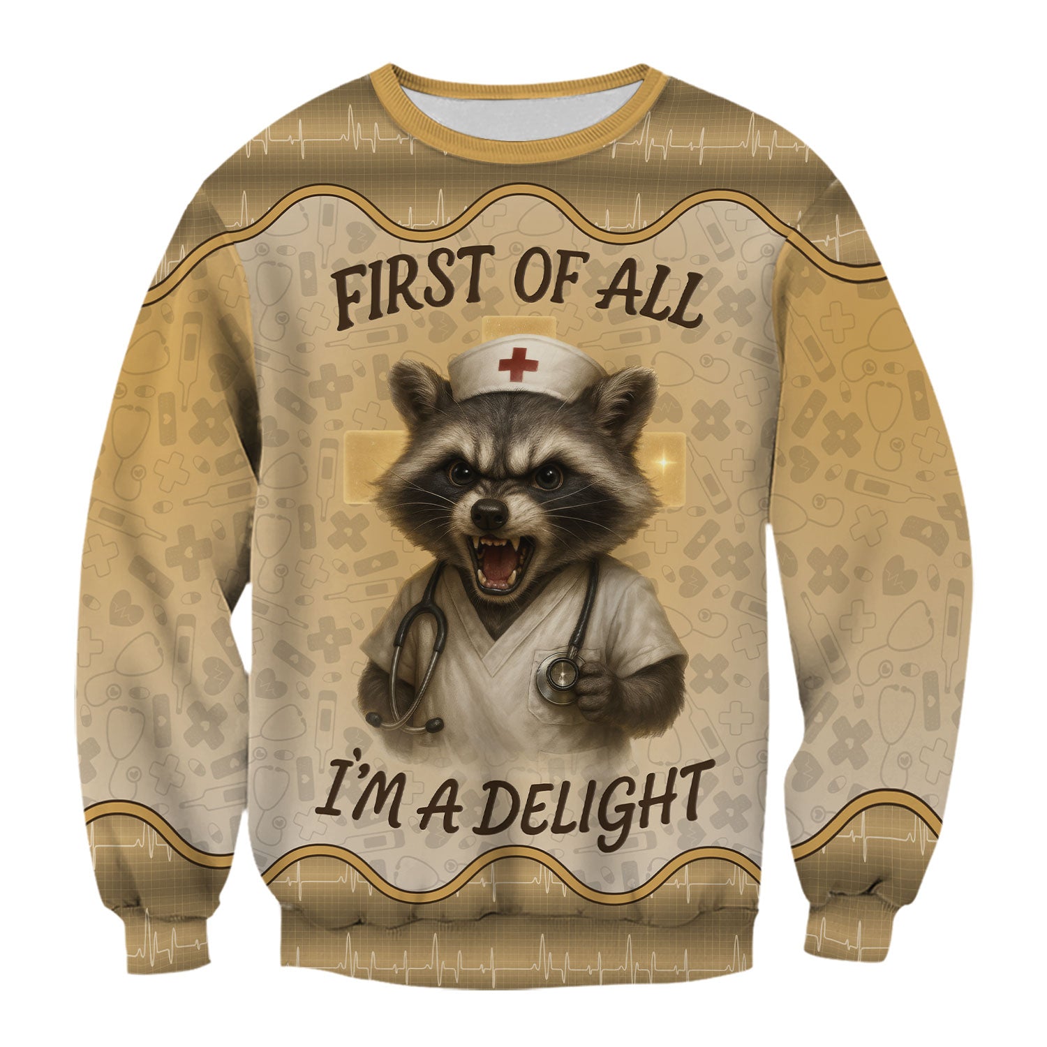 Funny Nurse Shirt with Raccoon - First Of All I'm A Delight - Personalized with Name - Cute Gift for RN CNA LPN Women in Healthcare