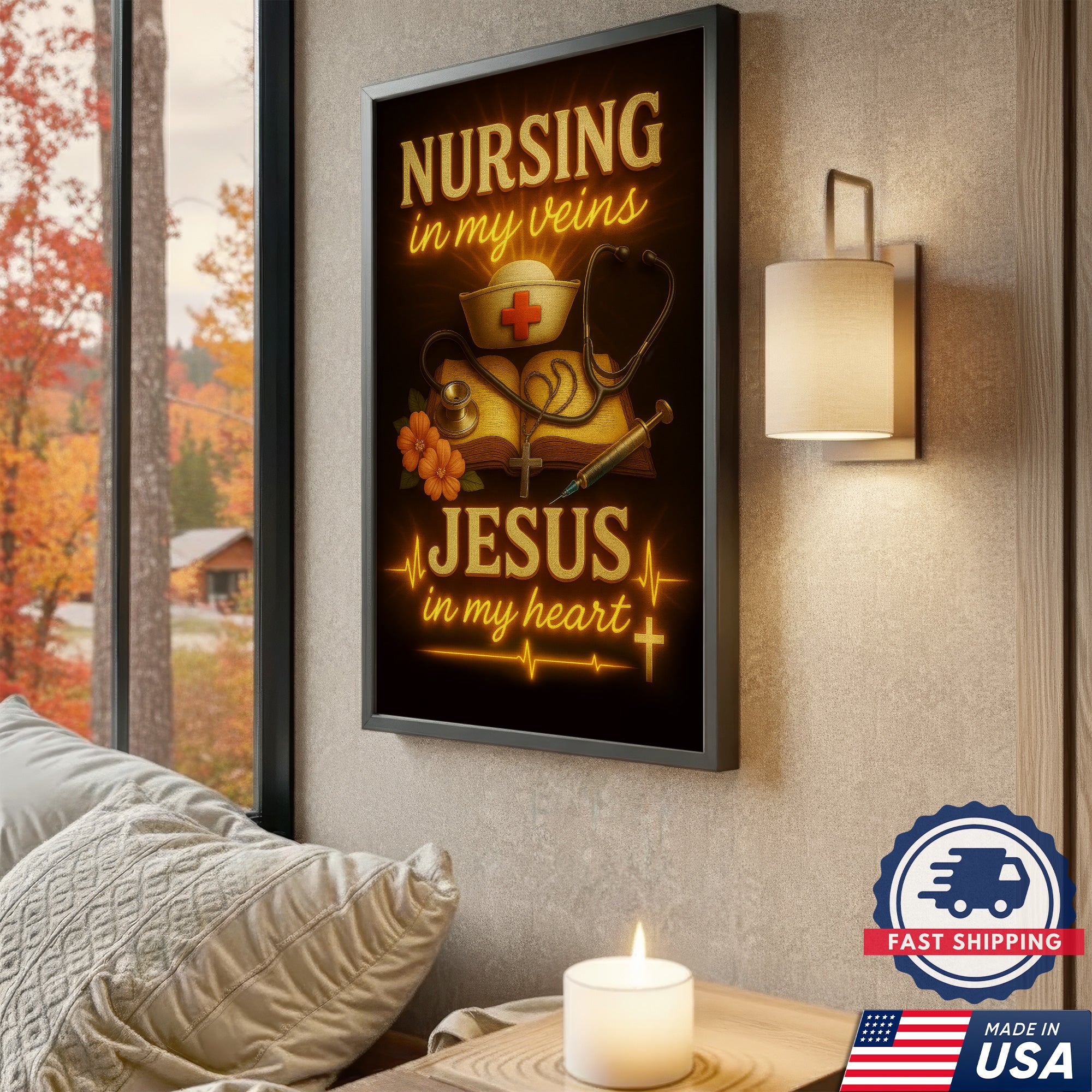 Christian Nurse Wall Art Canvas, Nursing in My Veins Jesus in My Heart, Gift for RN CNA LPN Women