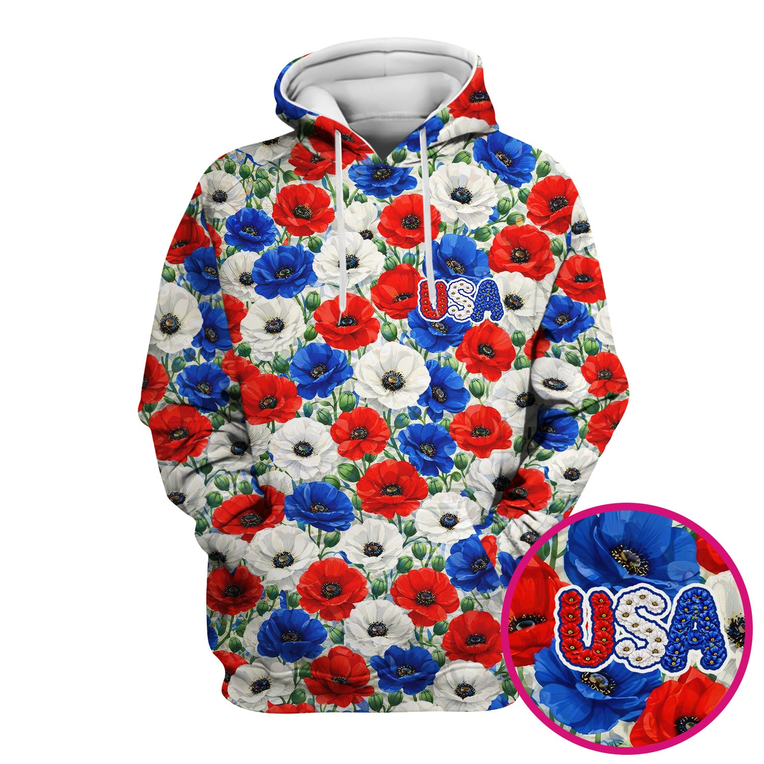 Festive Patriotic Red Blue Poppy Floral Pattern Scrub Top, Comfortable Scrubs for Nurses