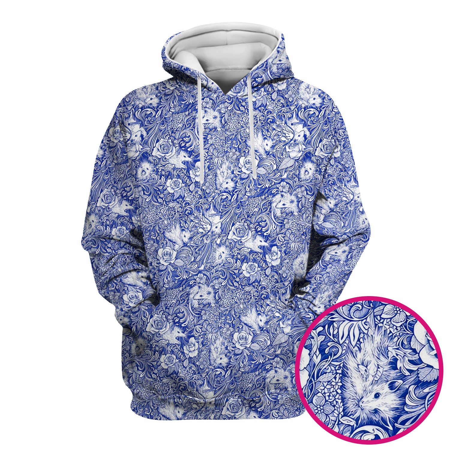 Blue Toile Opossum Floral Pattern Scrub Top, Comfortable Scrubs for Nurses