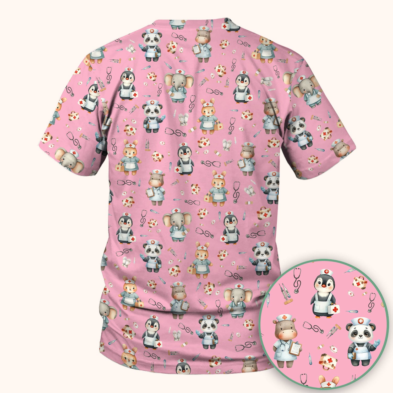 Cute Animal Scrub Top for Women - Panda Bunny Penguin Print Med Uniform - Comfortable Pastel Scrubs for Nurses