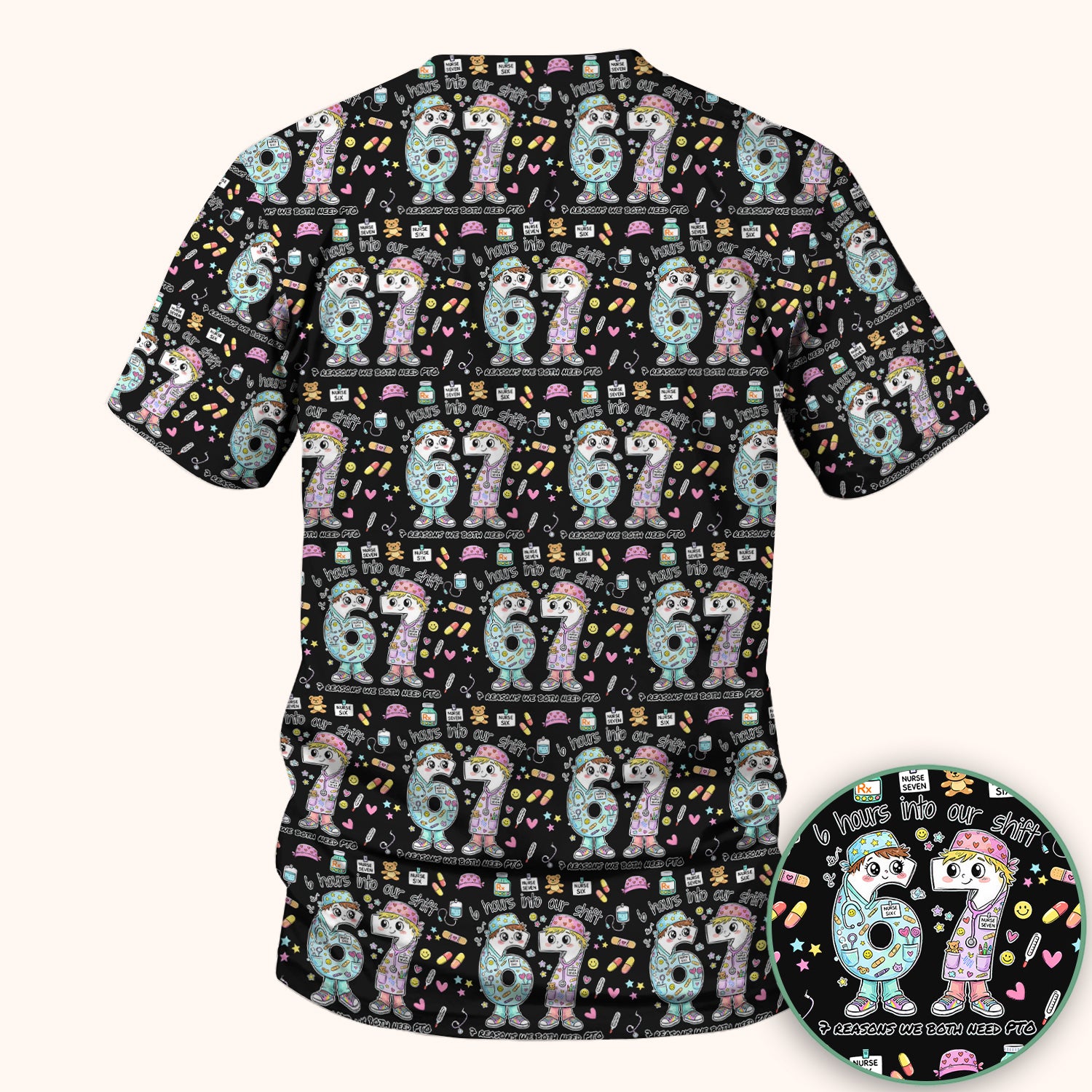 Cartoon Characters Six Hours Into Shift With Medical Doodle Scrub Top, Breathable Fabrics Nursing Uniform