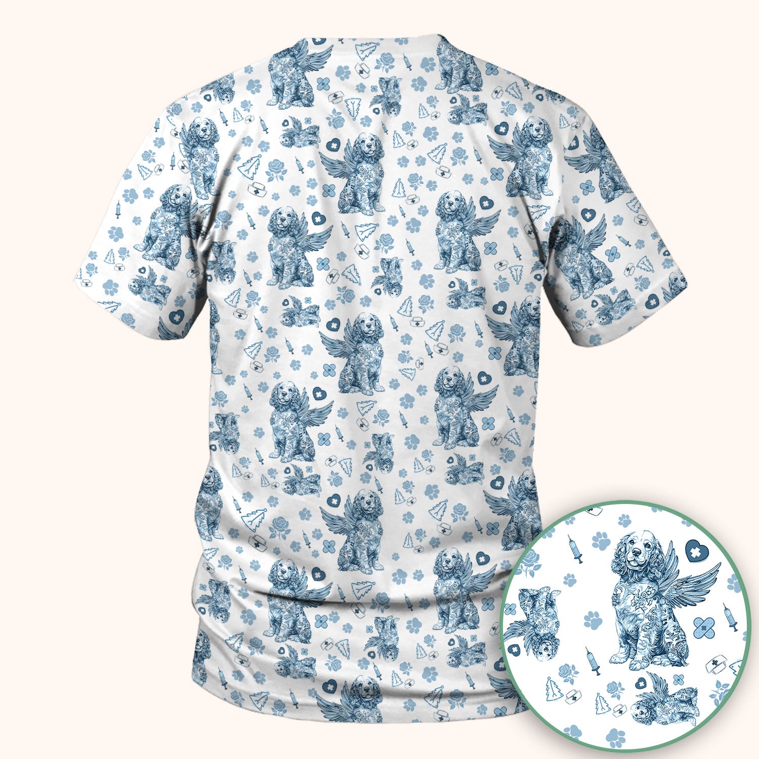 Toile De Jouy Scrubs for Nurses - Angel Puppy Medical Uniform - Floral Dog in Heaven Gift for Women, Vet Techs, RN CNA LPN