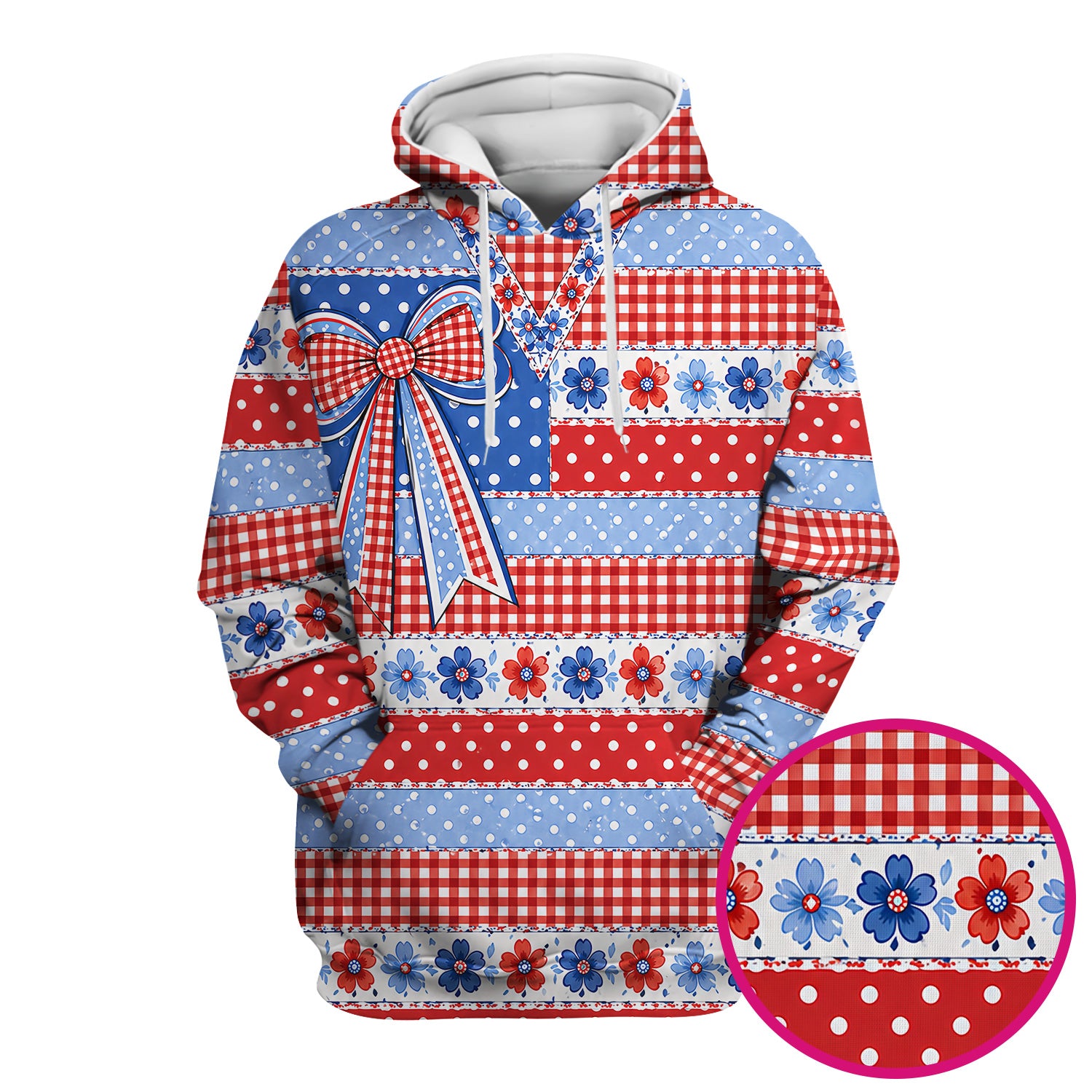Patriotic Gingham Bow Floral Pattern Scrub Top, Comfortable Scrubs for Nurses