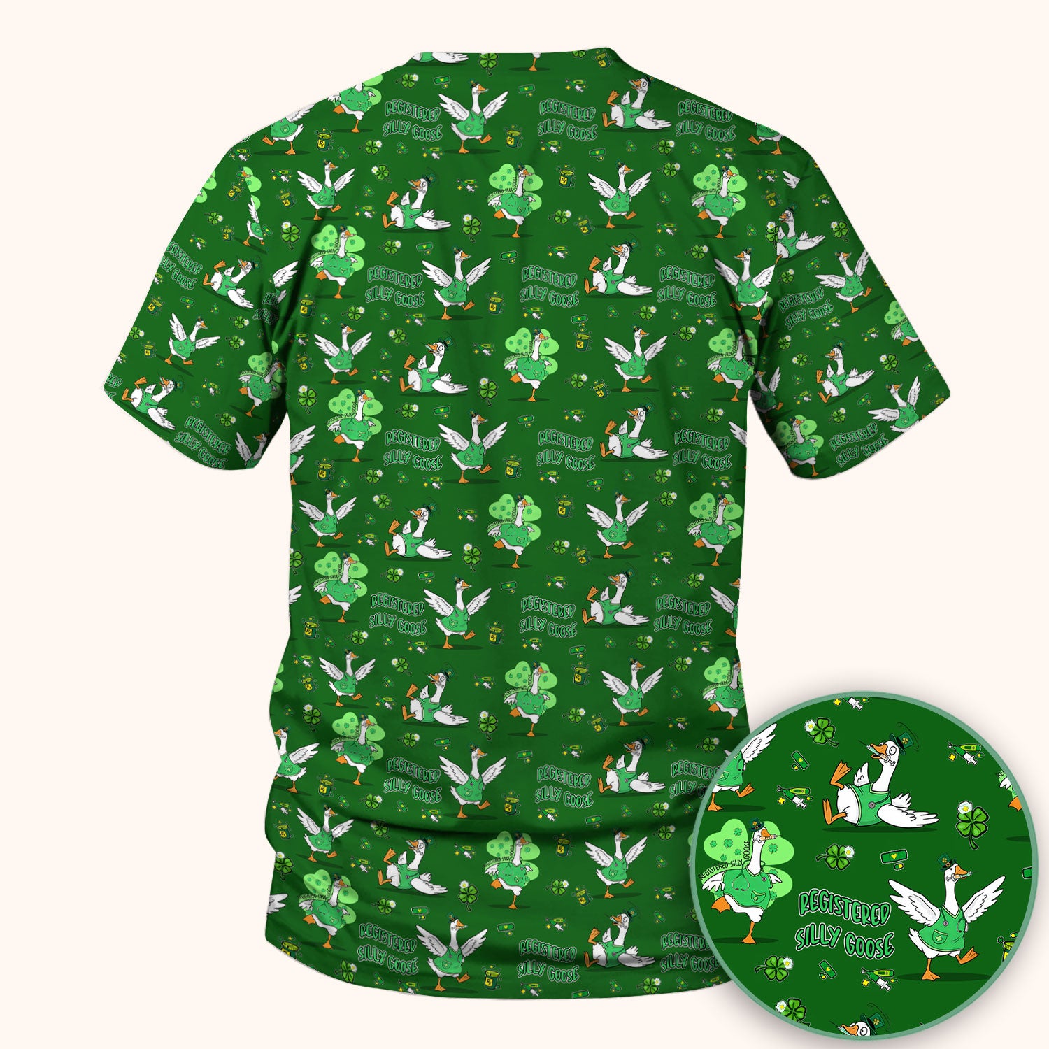 Silly Goose St. Patrick’s Day Scrub Top, Funny Goose Shamrock Pattern Nurse Scrub Shirt, Irish Green Nursing Uniform