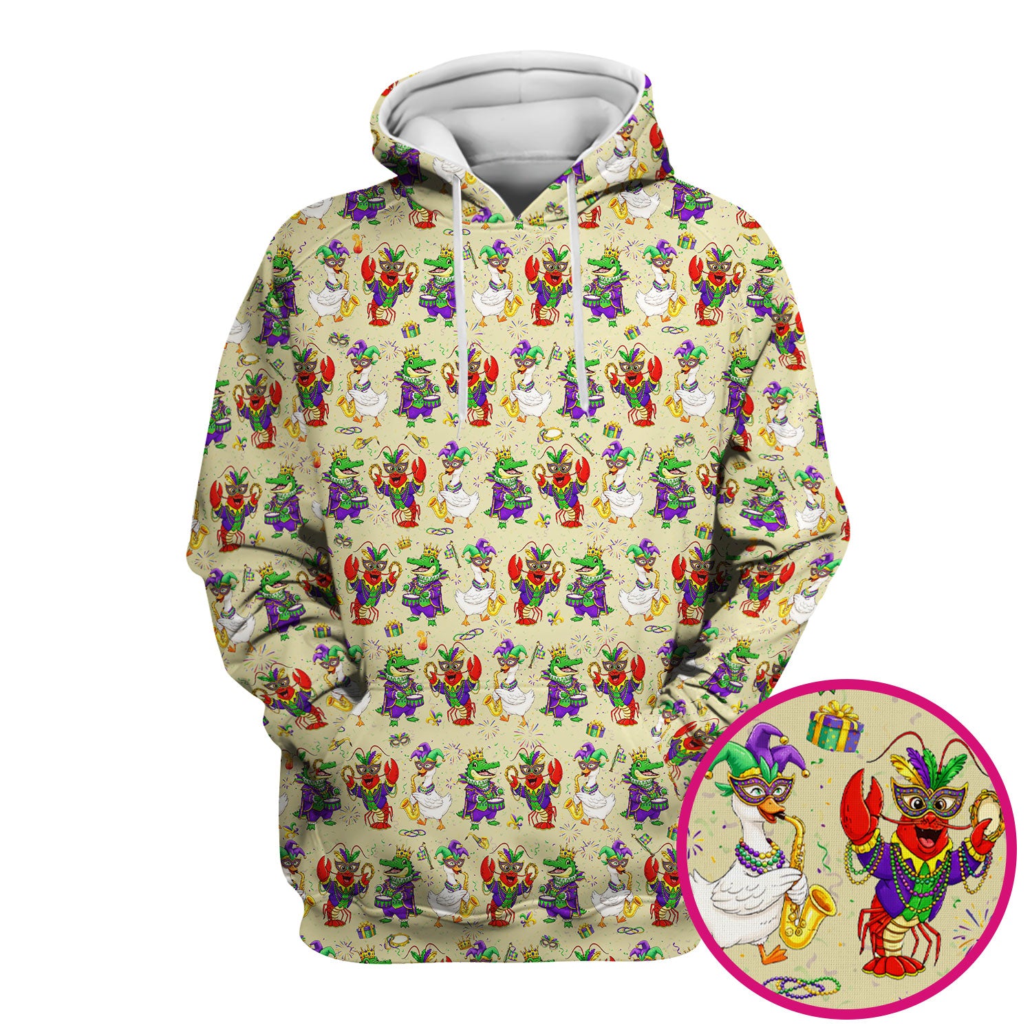 Crawfish And Duck Carnival Scrub Top, Mardi Gras Parade Pattern Nurse Shirt, Breathable Fabrics Nursing Uniform