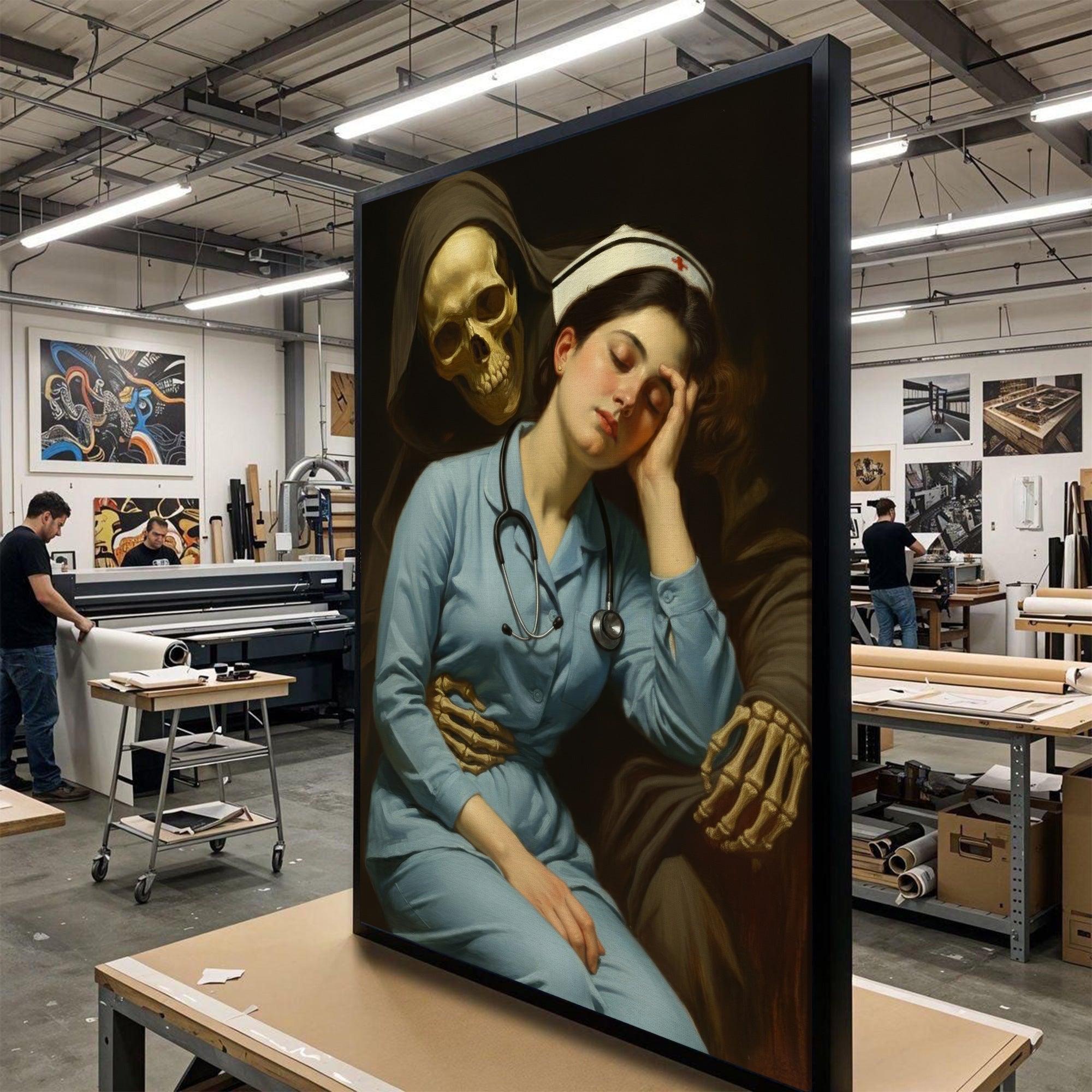 Funny Gothic Nurse and Grim Reaper Canvas, Dark Humor Classic Art Style Wall Decor, RN LPN CNA Gift