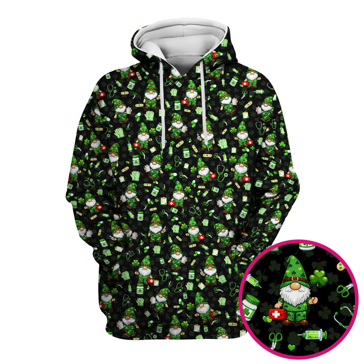 St. Patrick’s Day Nurse Gnome Scrub Top, Green Lucky Medical Pattern Nurse Shirt, Breathable Fabrics Nursing Uniform